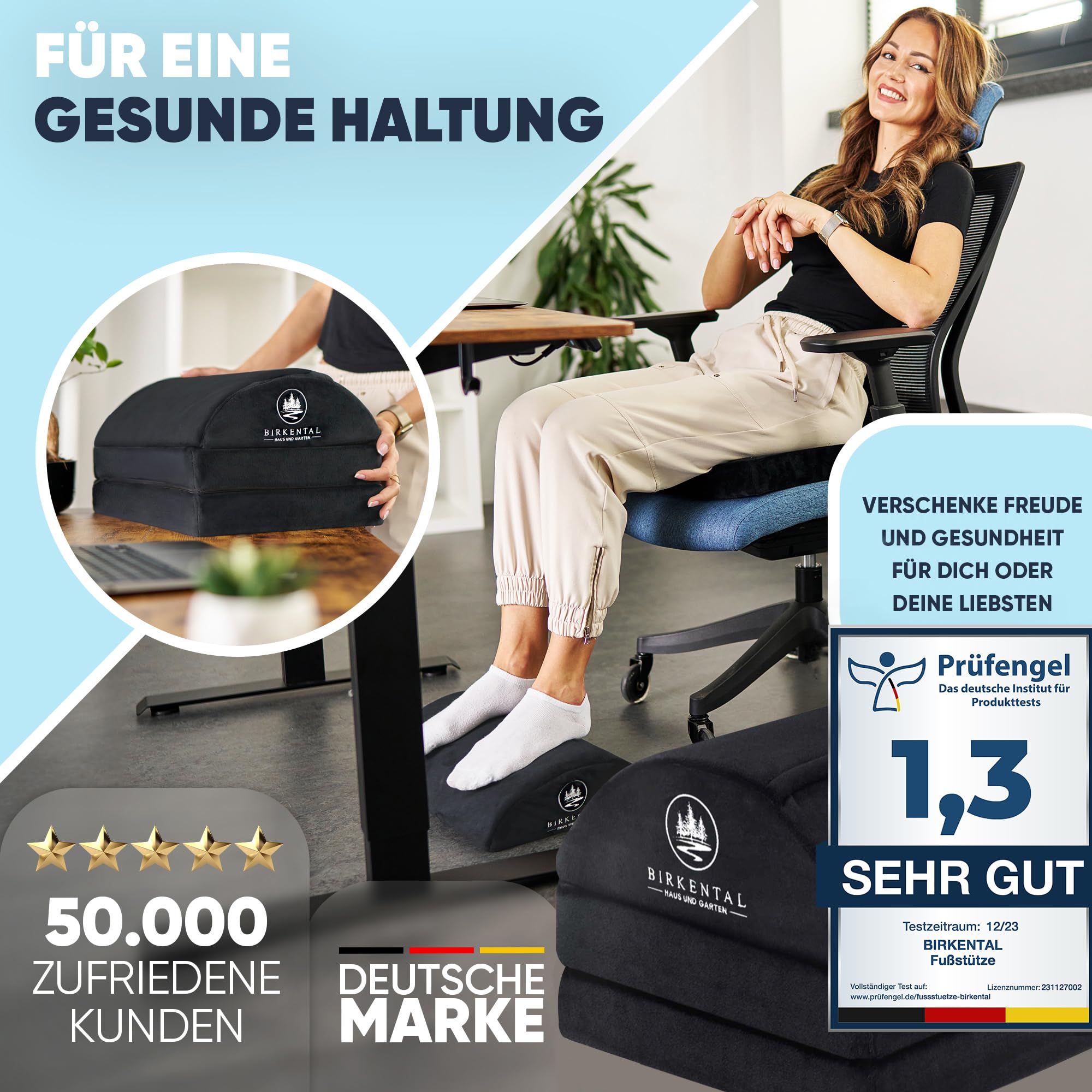 Birkental Fußstütze Schreibtisch – (TESTSIEGER) 3 Fach höhenverstellbar mit flauschiger Fußtasche-Ergonomisch höhenverstellbare, rutschfeste Fußablage–Büro und Schreibtisch Zubehör-Fußbank Fußhocker