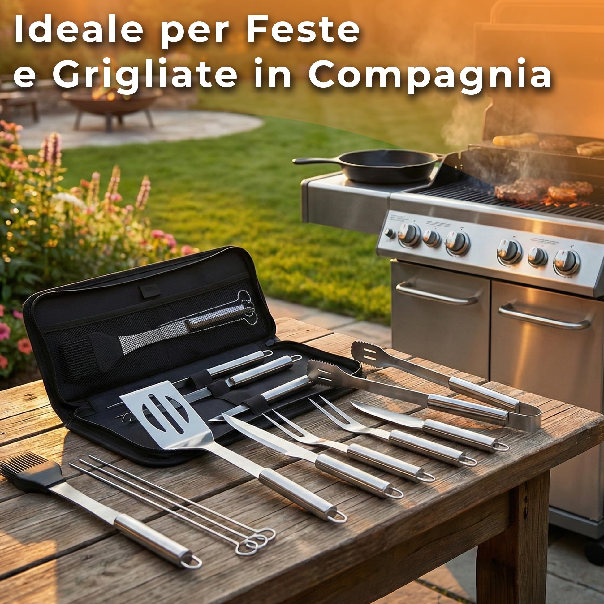 Set 9 Pezzi Utensili Barbecue – Attrezzi BBQ in Acciaio Inox con Custodia – Accessori Completi per Barbecue, Grigliate, Camino e Cottura al Forno