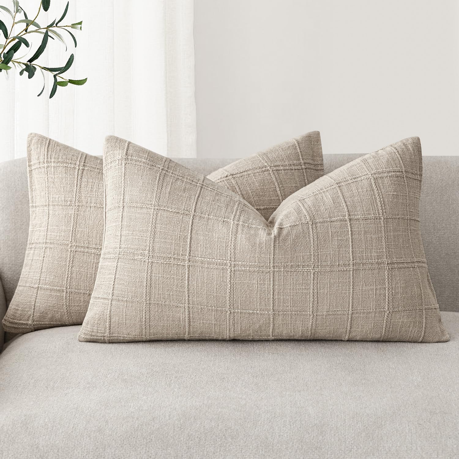 Foindtower Boho Linen Check Lumbar Throw Pillow Covers 12×20 Natural Linen