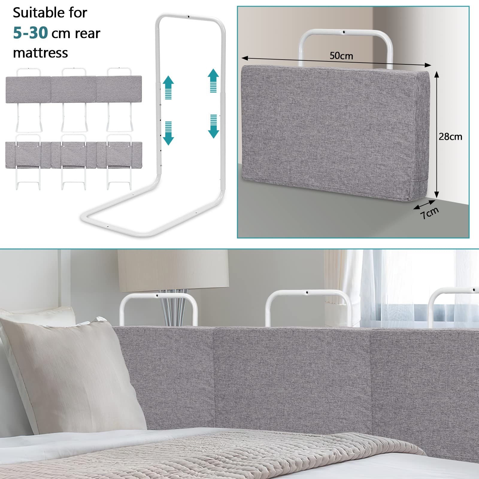 2 pezzi Griglia di protezione per letto per bambini 50 x 28 cm, regolabile in altezza a 5 fori, protezione contro le cadute, per lettini, per bambini, facile da montare, Grigio