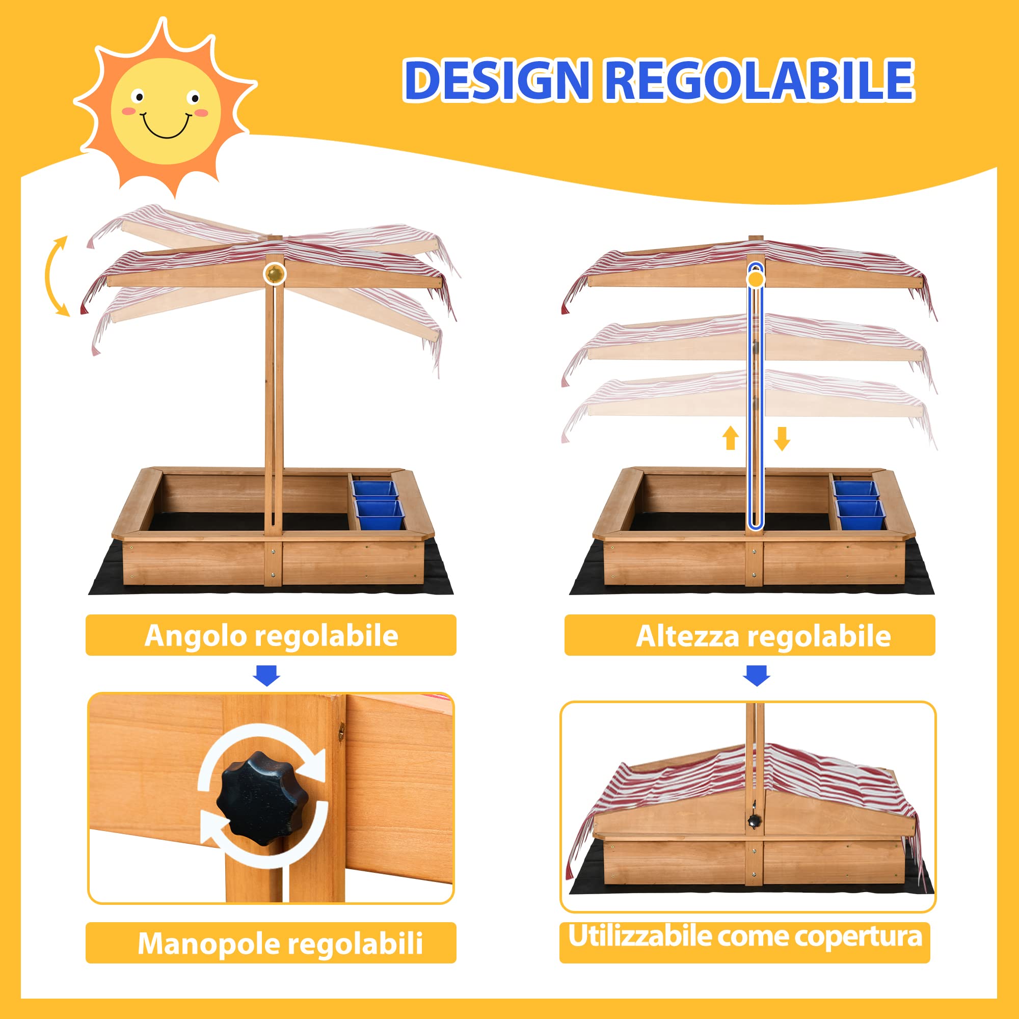 Outsunny Sabbiera per Bambini in Legno con Tettuccio Regolabile in Altezza, Gioco da Giardino con Sedute sui Bordi e Vaschette, 107.5x107.5x100cm