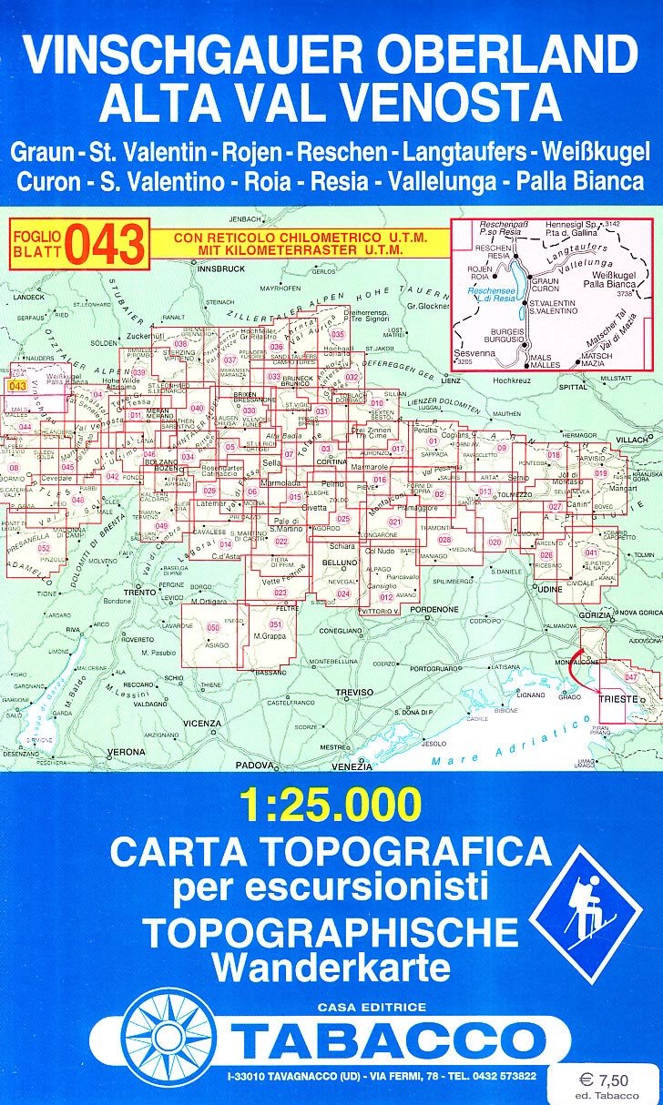Vinschgauer Oberland: Wanderkarte Tabacco 043. 1:25000: UM-Gitter (Carte topografiche per escursionisti, Band 43)