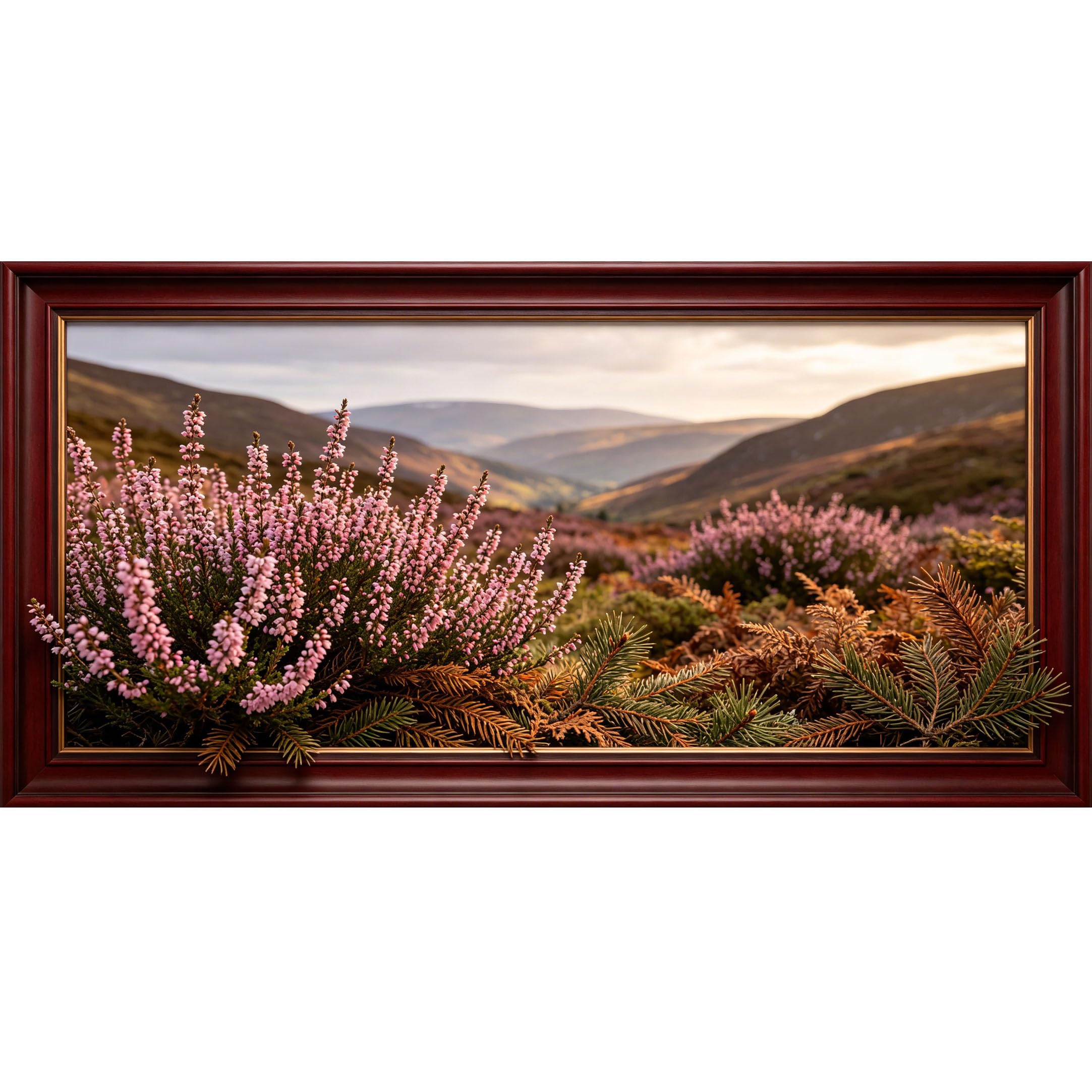 Agglomerix 3D Framed Wall Art Mountain Peak Pink Bloom Flora Landscape Pine Branch Nature View Large Size SelfAdhesive Removable Wall Decor Prints Artwork for Living Room Bedroom Office