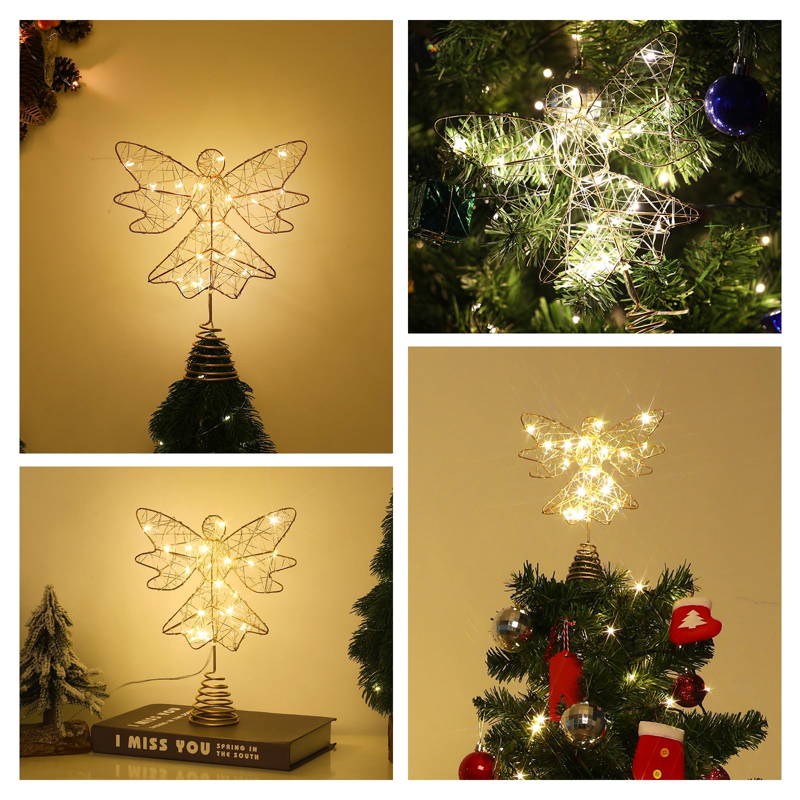 Lewondr Puntale per Albero di Natale a Forma di Angelo, 9,8" Topper con Base a Molla Telecomandato Alimentato da USB con 8 Modalità di Luce, Oro