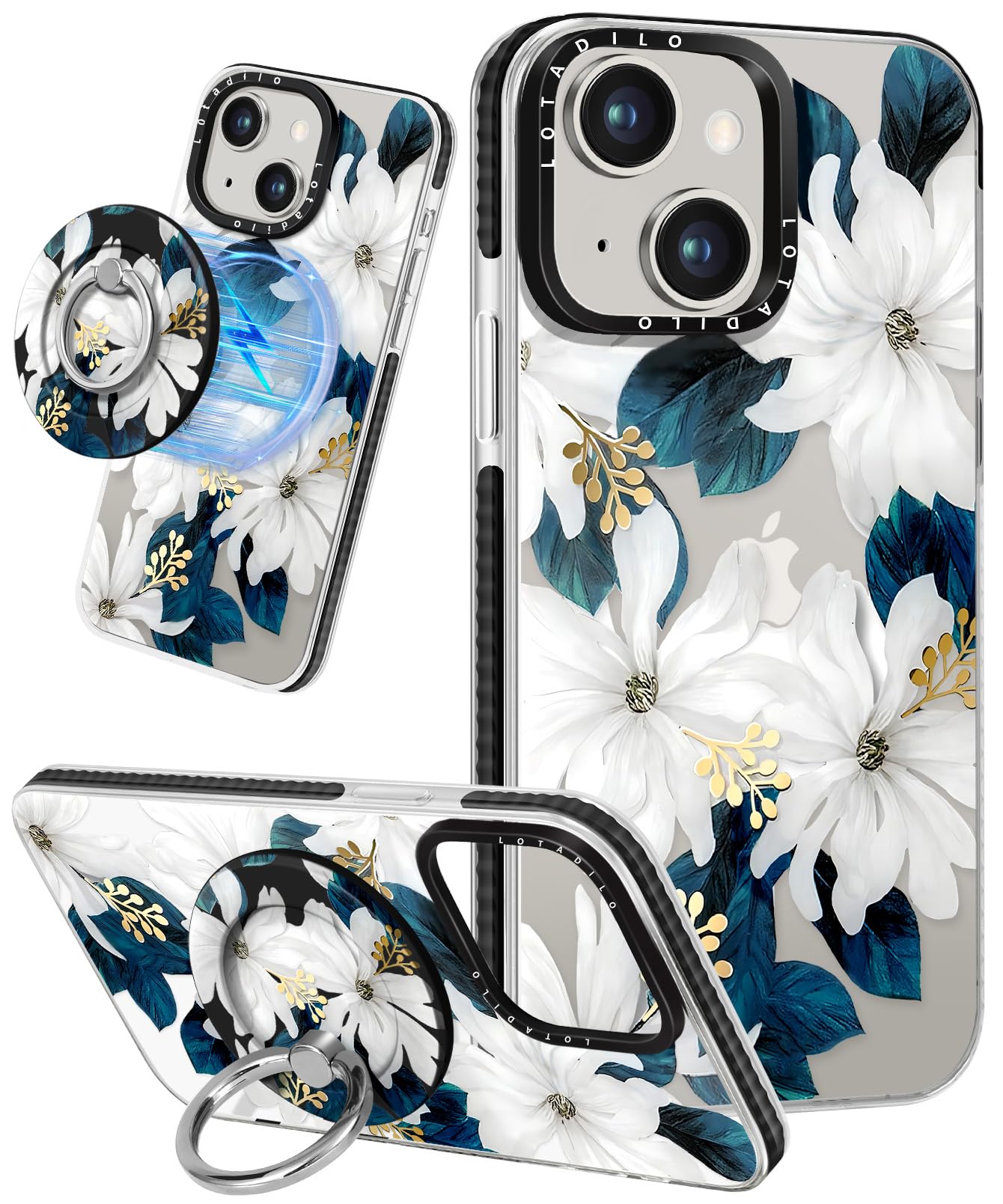 Lotadilo for iPhone 13 Case for Women Girls - Cute Design Compatible with Magsafe Magnetic Ring Holder Stand Blue Flower Aesthetic Pattern TPU Phone