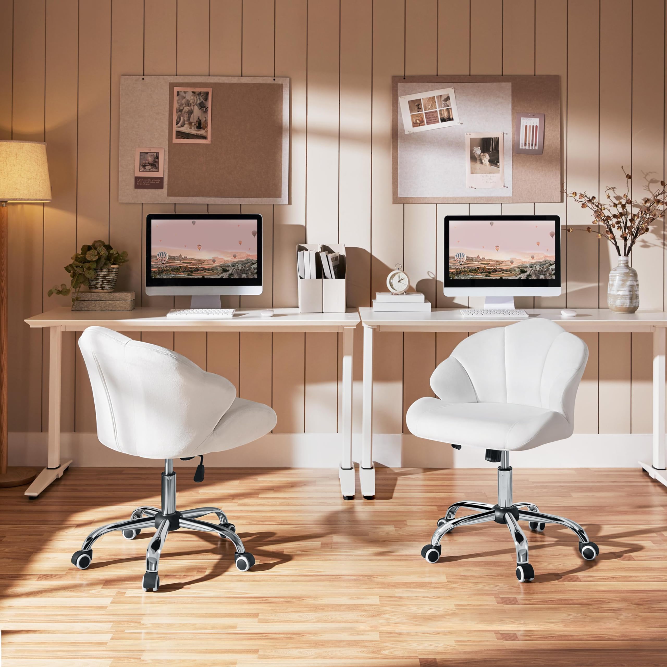 Yaheetech Sedia Ufficio Scrivania Cameretta Bianca Senza Braccioli Ergonomica in Velluto con Ruote Girevole Altezza Regolabile Schienale Design Conchiglia Imbottito Portata 136 KG