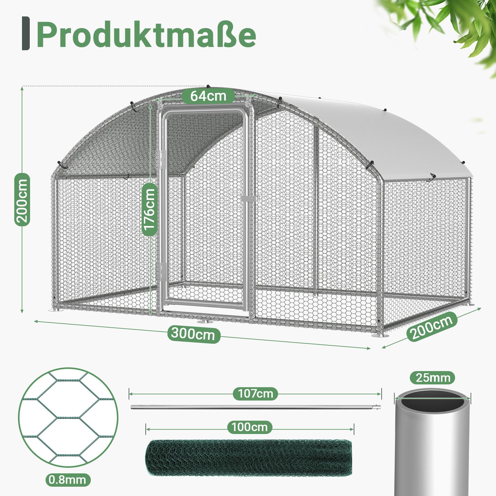 Gallinero 3x2x2m Gallinero para Gallinas Jaula para Aves Pequeños Animales Recinto Exterior con Techo Arqueado de PE y Estructura de Acero Galvanizado