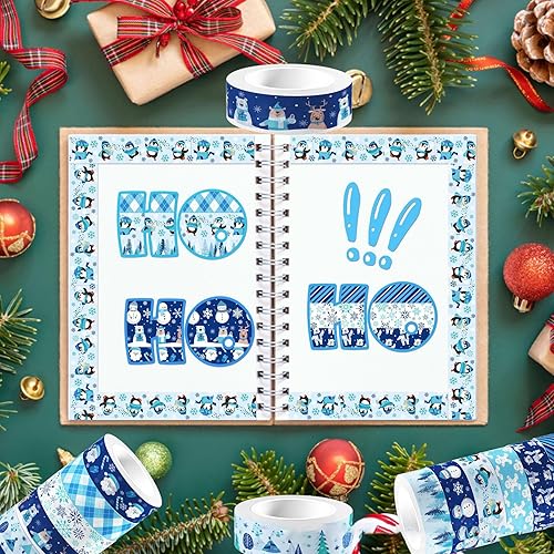 Miniatura 7 de 12 rollos de cinta Washi de Navidad de invierno, muñeco de nieve, muñeco de nieve, hombre de jengibre, cinta adhesiva decorativa de animales azules