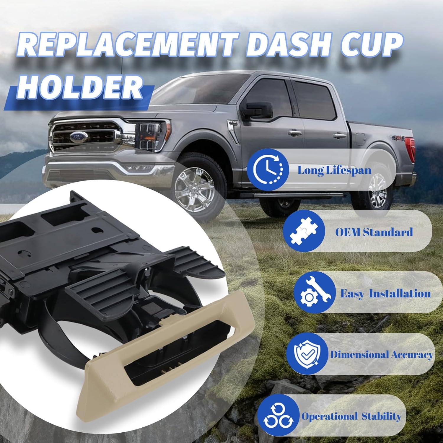 Dash Cup Holder Insert Tan Compatible with 2005 2006 2007 Ford F250 F350 F450 F550 Super Duty, Dashboard Cupholder Replacement 5C3Z-2504810-AAF 5C3Z2504810AAF