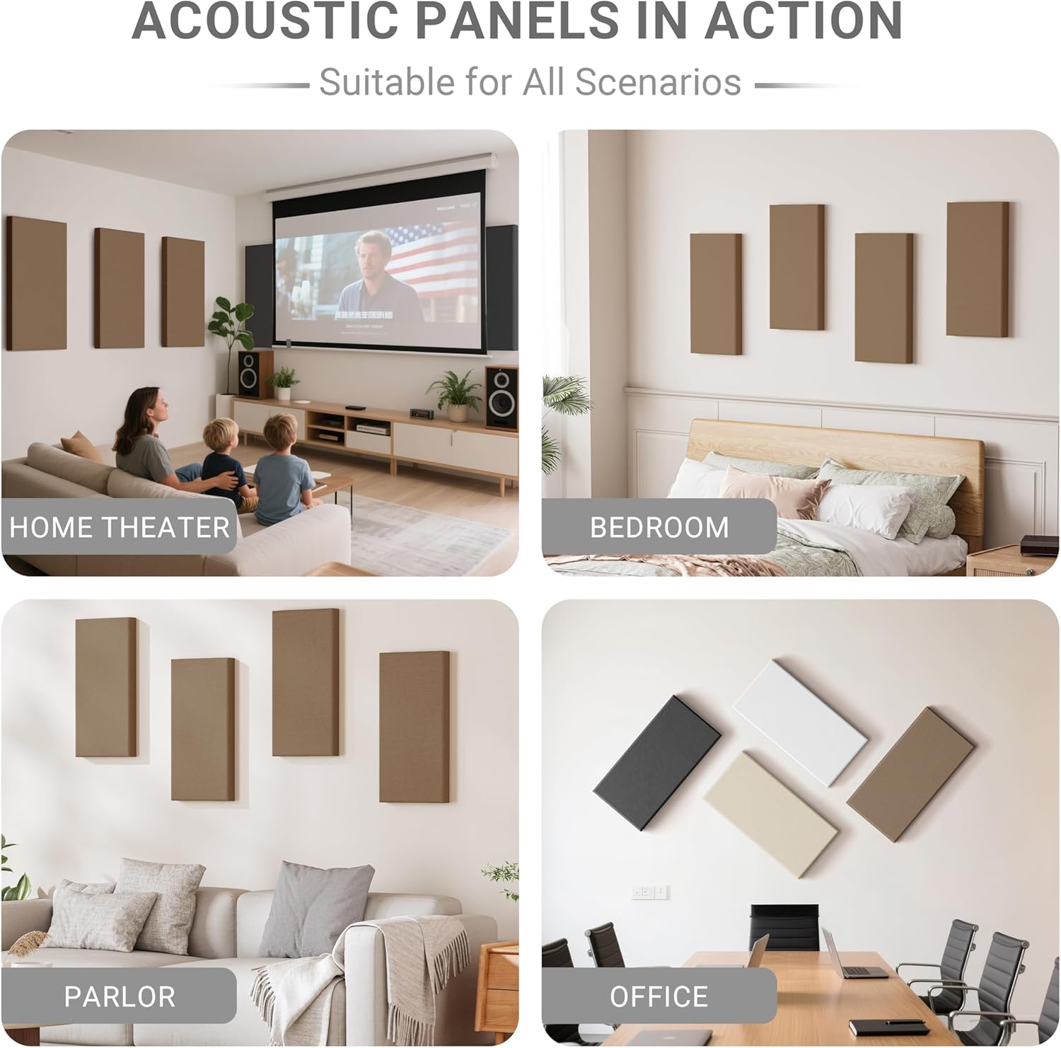 4 Pack High-Density Core with Fabric Cover Acoustic Panels – 24×12×2 In Self-Adhesive Soundproofing and Sound-Absorbing Wall Panels for Echo Reduction in Studio, Theater, or Recording (Mocha Brown)