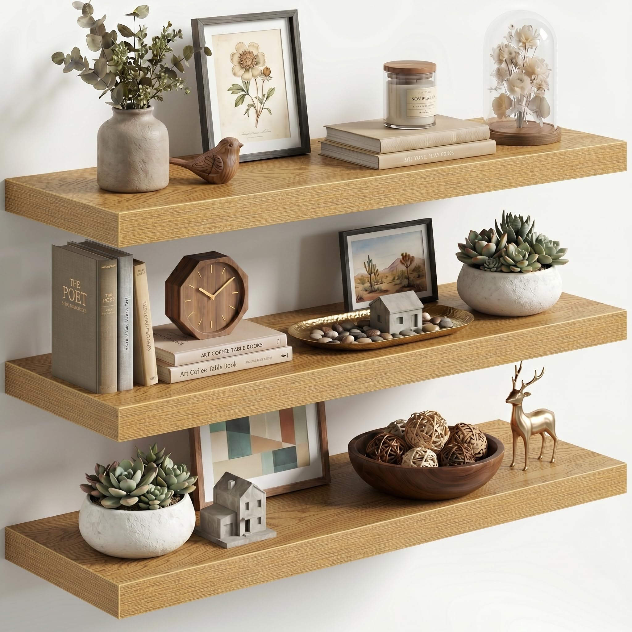 Fun Memories Floating Shelves for Wall, 3 Pack 36 Inch Long Floating Shelves, 36 x 12 Wooden Shelves for Wall, Large Storage Shelves, Hanging Shelves for Bathroom Bedroom Kitchen, Oak
