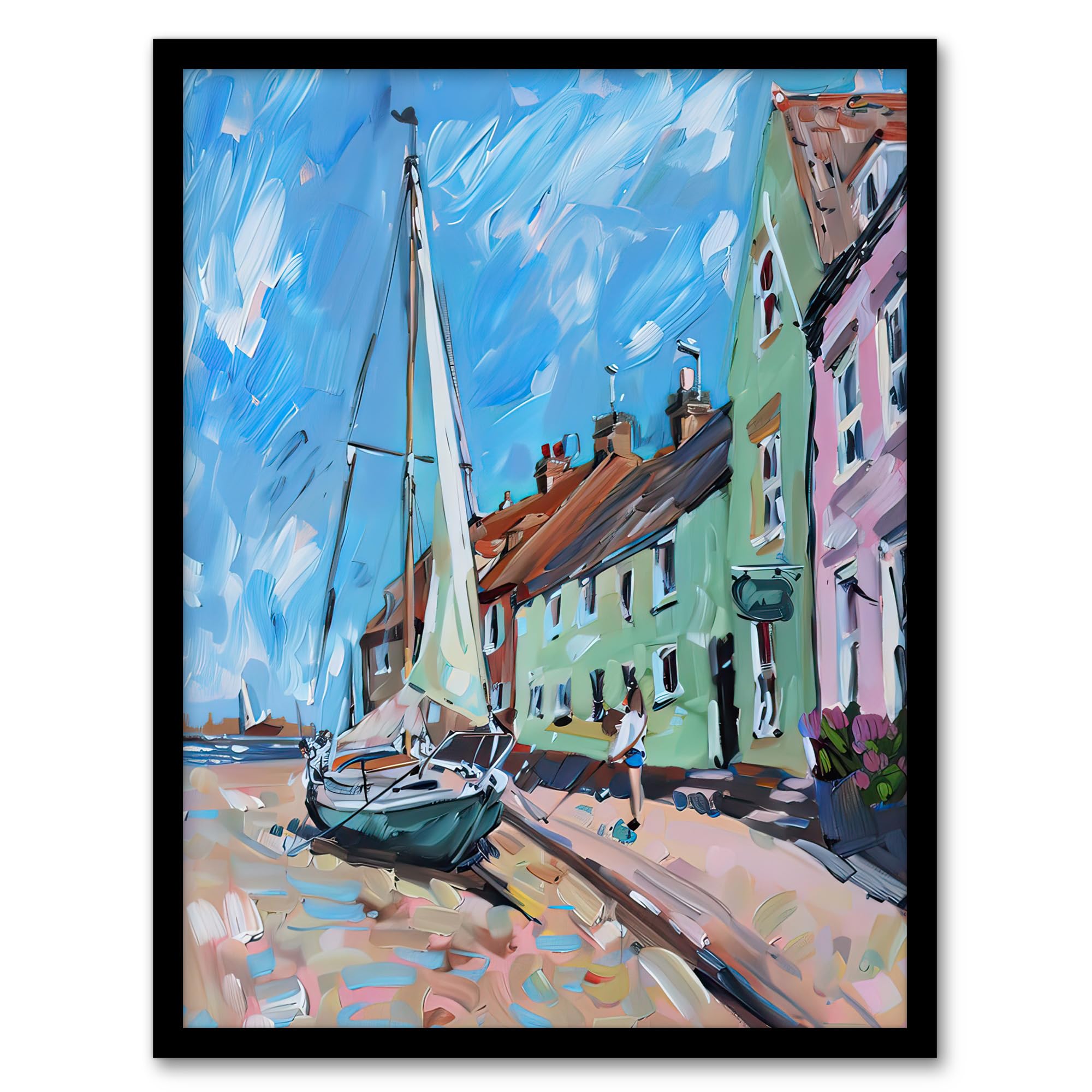 Artery8 Aldeburgh Harbour Acrylic Painting Sailboat Living Room Artwork Framed Wall Art Print A4
