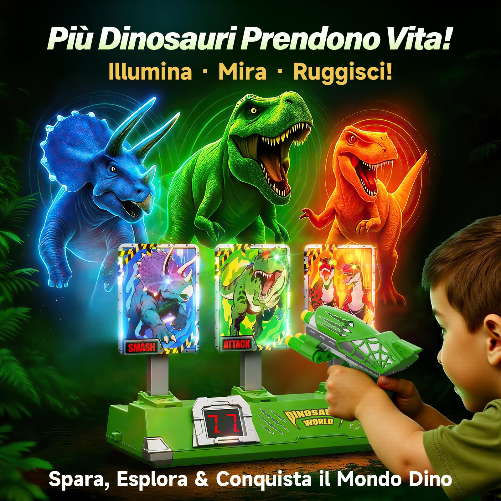 Dinosauri Tiro Bersaglio Bambini Luminosi Elettrico Digitale con Pistola Giocattolo, Giochi Bambino 3-12 Anni Regalo Bambino 4-9 Anni Maschio Gioco Bimbo 3 4 5 6 7 8 9 10 Anni Regali Compleanno Natale