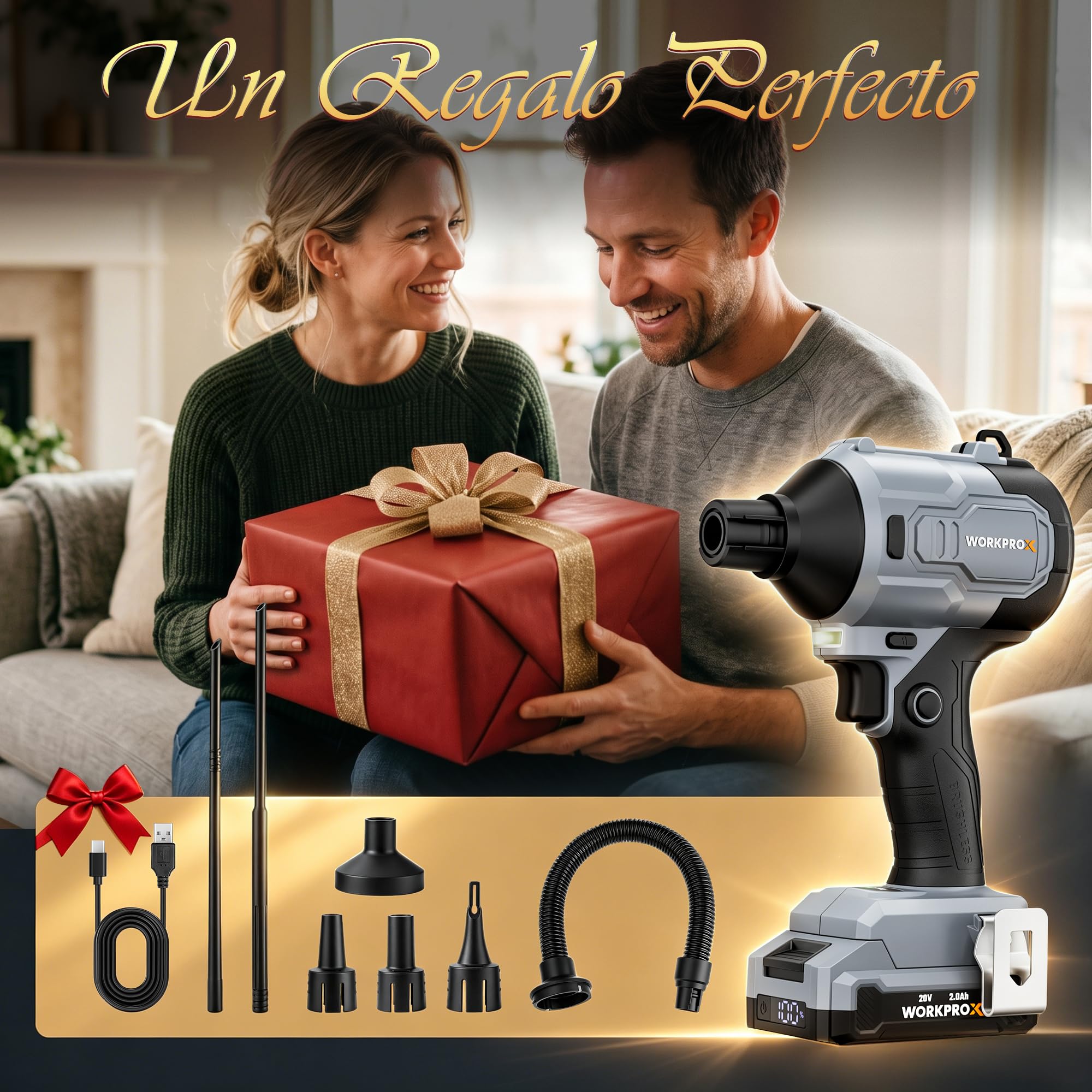 WORKPROX 20V Soplador de Aire Potente con Motor Sin Escobillas | Soplador Eléctrico con Batería Recargable de 2 Ah, 470 MPH, 4 Niveles de Velocidad, Función de Soplado/Aspiración, Luz LED