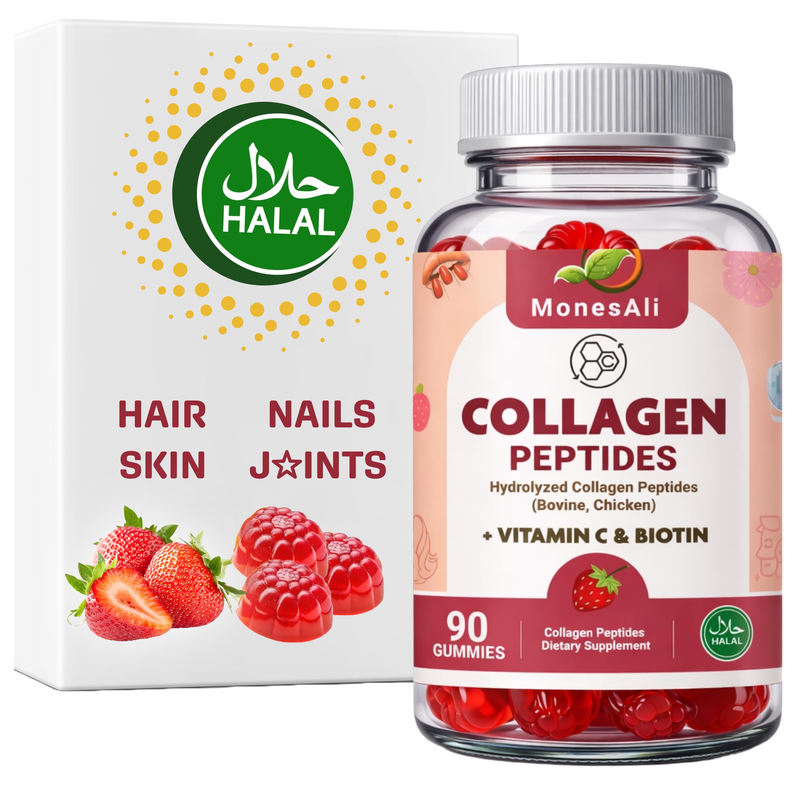 Halal Collagen Gummies for Men and Women, Hydrolyzed Peptide Gummy. with Vitamin C and Biotin, 90 Count Strawberry Flavor