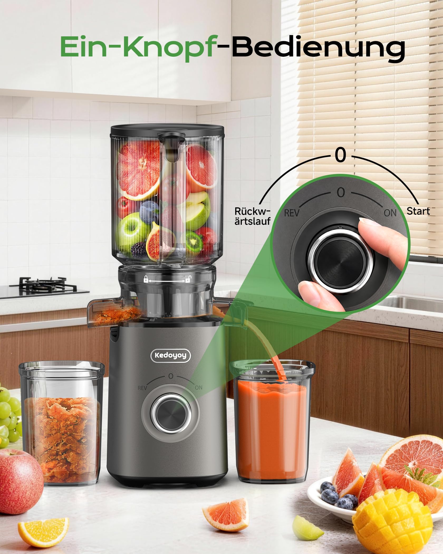Entsafter Gemüse und Obst Testsieger, Slow Juicer mit 130 MM XL-Einfüllschacht, 600 mL Saftbehälter, Elektrische Juicer Machine für Familien, Gesundheitsbewusste
