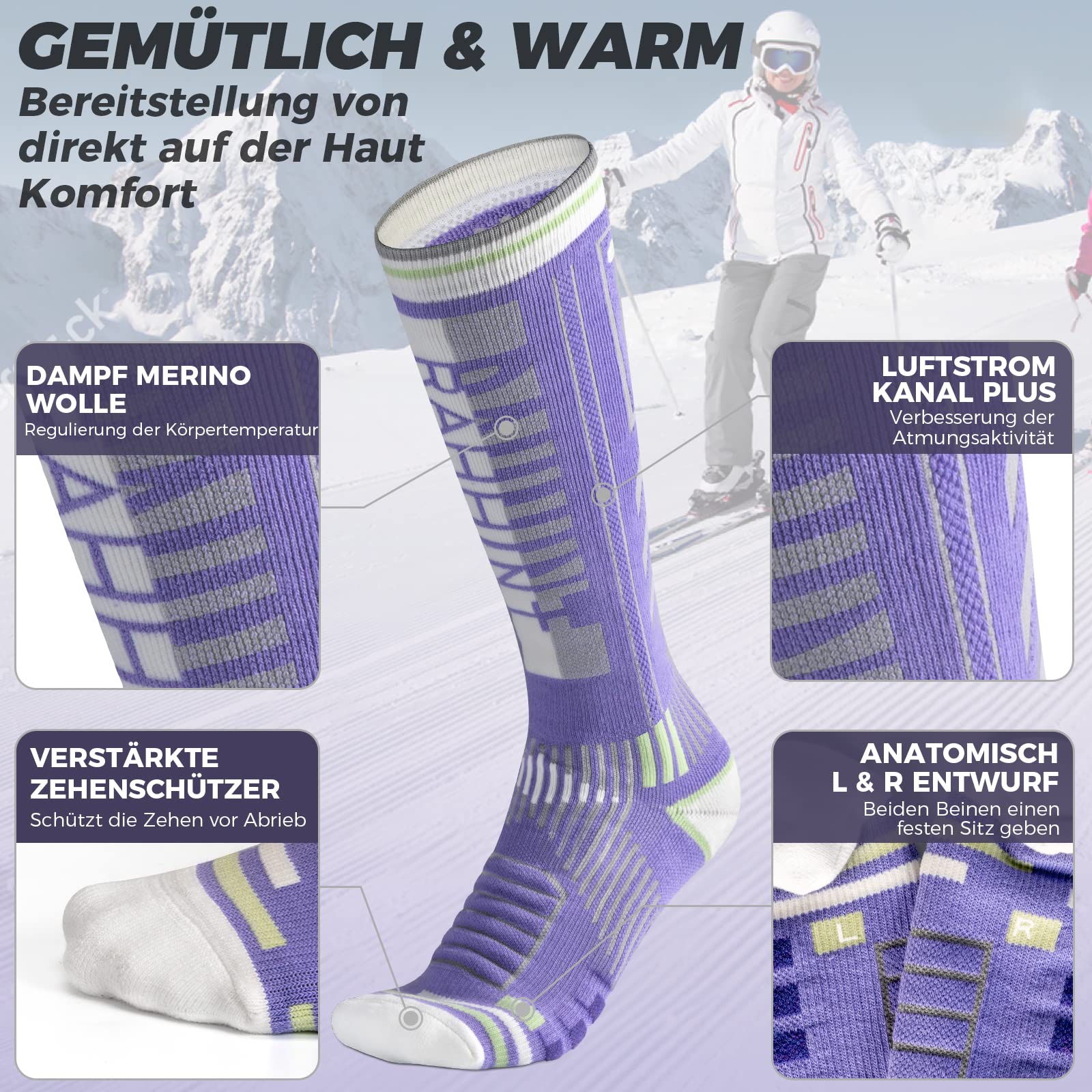 2 Paia Di Calze Sci in Lana Merino Per Uomo, Donna E Ragazzo, Calze Da Sci Snowboard a Compressione, Calze Termiche Sci Alte E Spesse Per Il Freddo, Traspiranti, Ad Asciugatura Rapida, Taglia 35-51