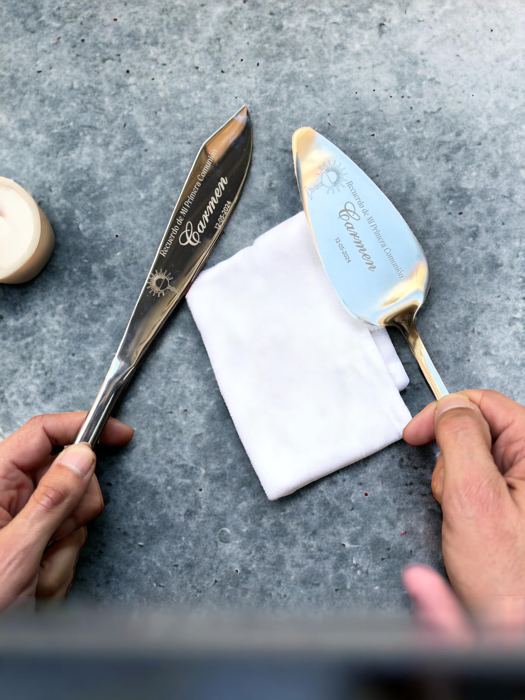 Curia Grabador - Set de Pala y Cuchillo Personalizado para Tarta - Corta tartas con Nombre y Fecha - Juego servidor para pastel de Bodas y Comuniones