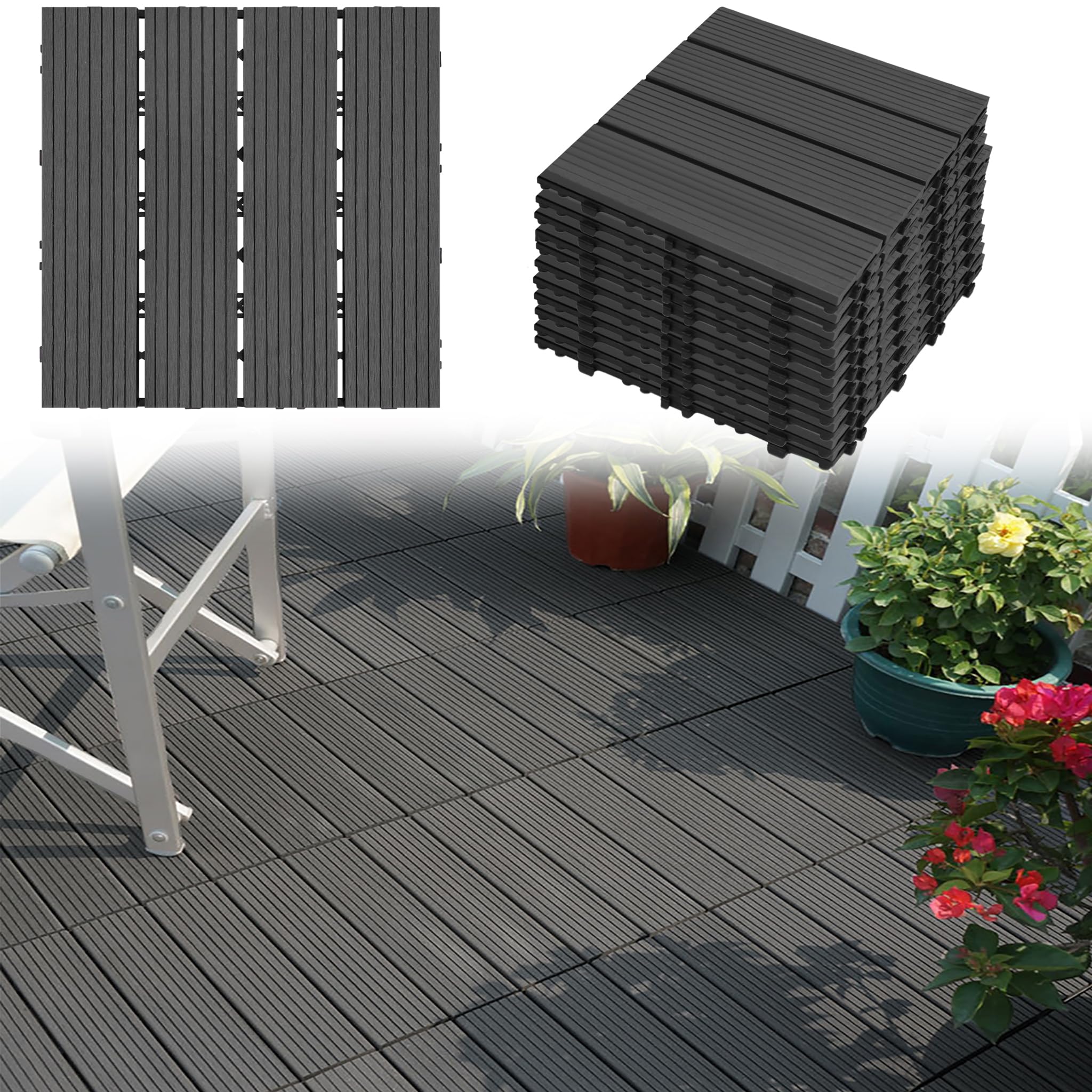 YEATHOR Garden Decking Tiles, WPC Plastic Terrace Tiles, 30x30cm Interlocking Flooring in Wood Look, Weather-Resistant, Indoor Outdoor Drainage Balcony Flooring, (55 Pieces = 5m², Anthracite)