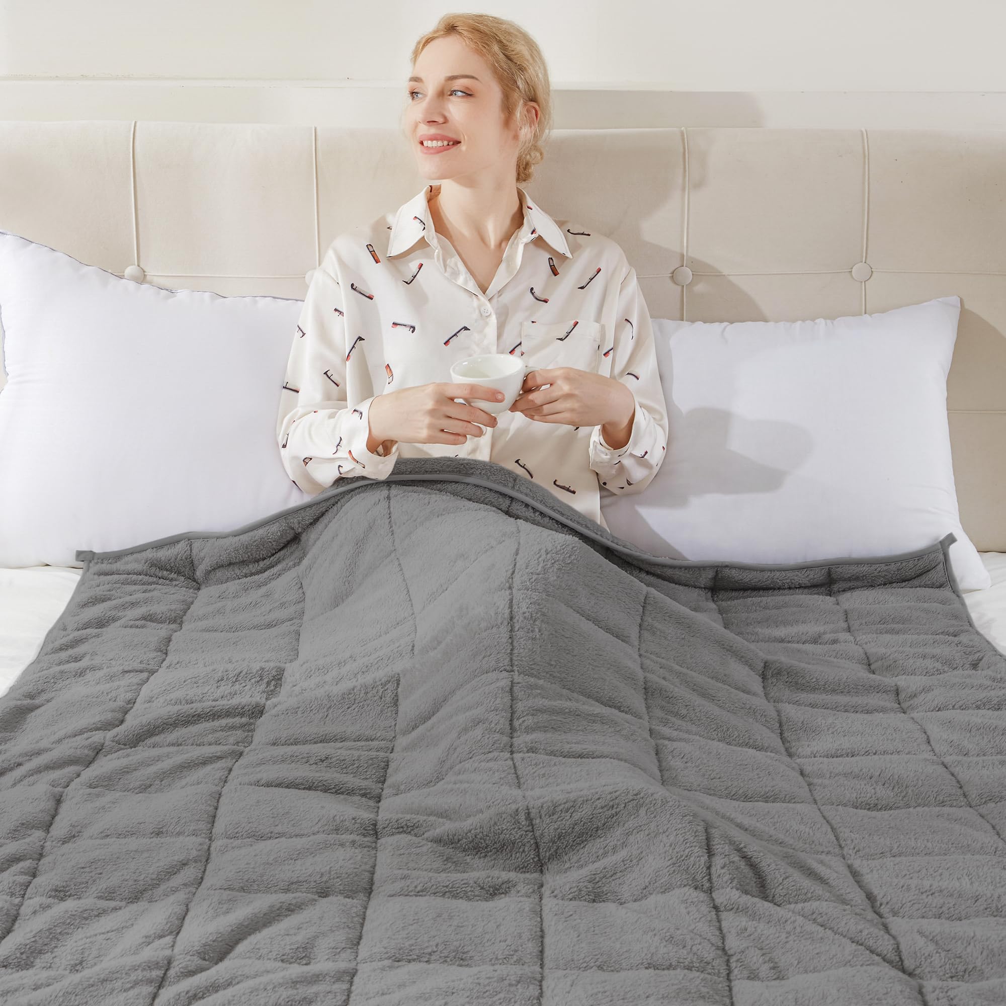 Teddy Fleece Weighted Blanket for Adults Fluffy Quilted Pockets Throw Soft Sherpa Throw Heavy Blanket Winter Sleep Therapy Autism Insomnia Sensory Anxiety Stress Relief Dark Grey, 125 x 150cm - 4kg