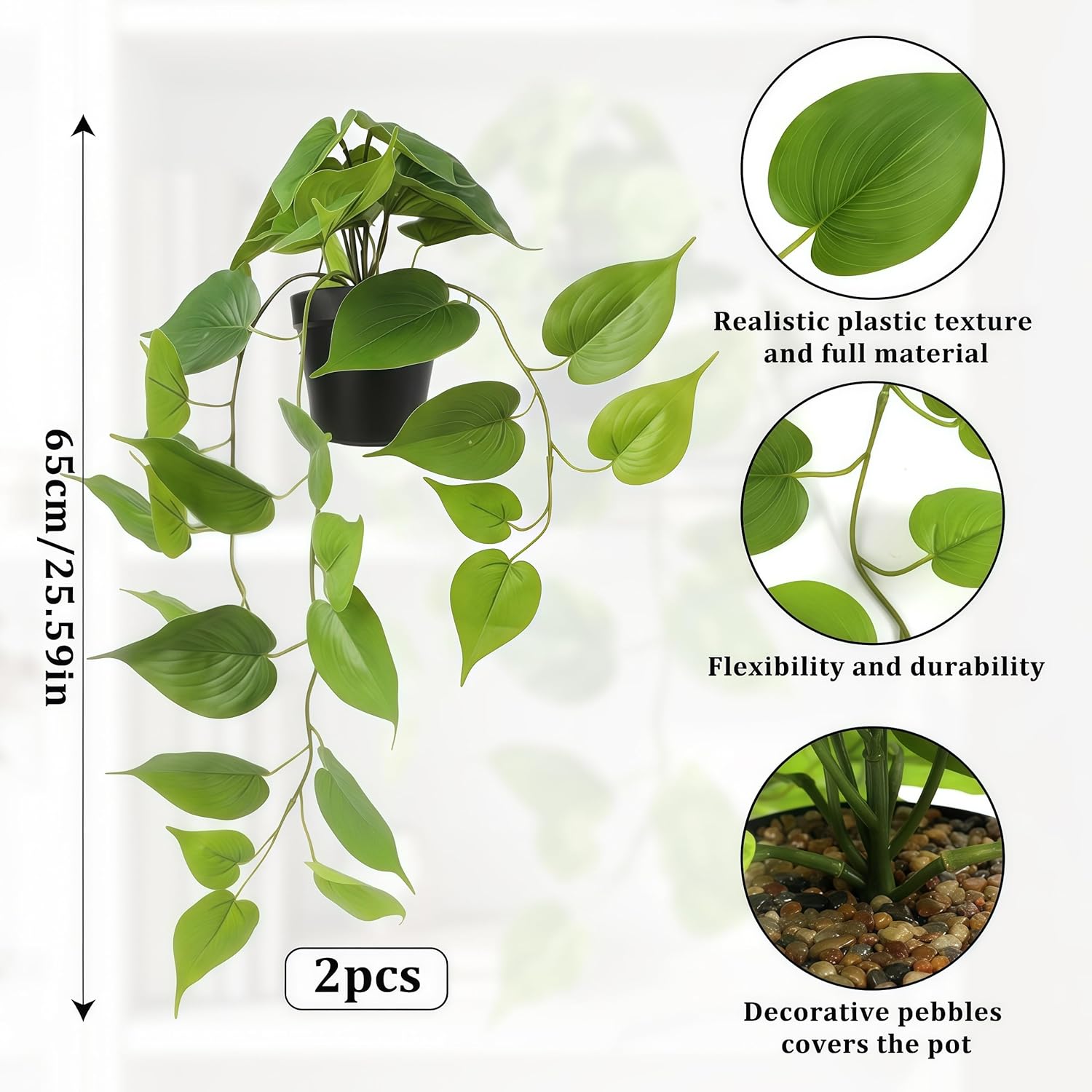 Artificial Pothos Hanging Plants 2 Pack with Pots, Realistic Fake Hanging Plants Indoor, Faux Greenery Vines for Shelf, Bathroom, Living Room, Office Decor