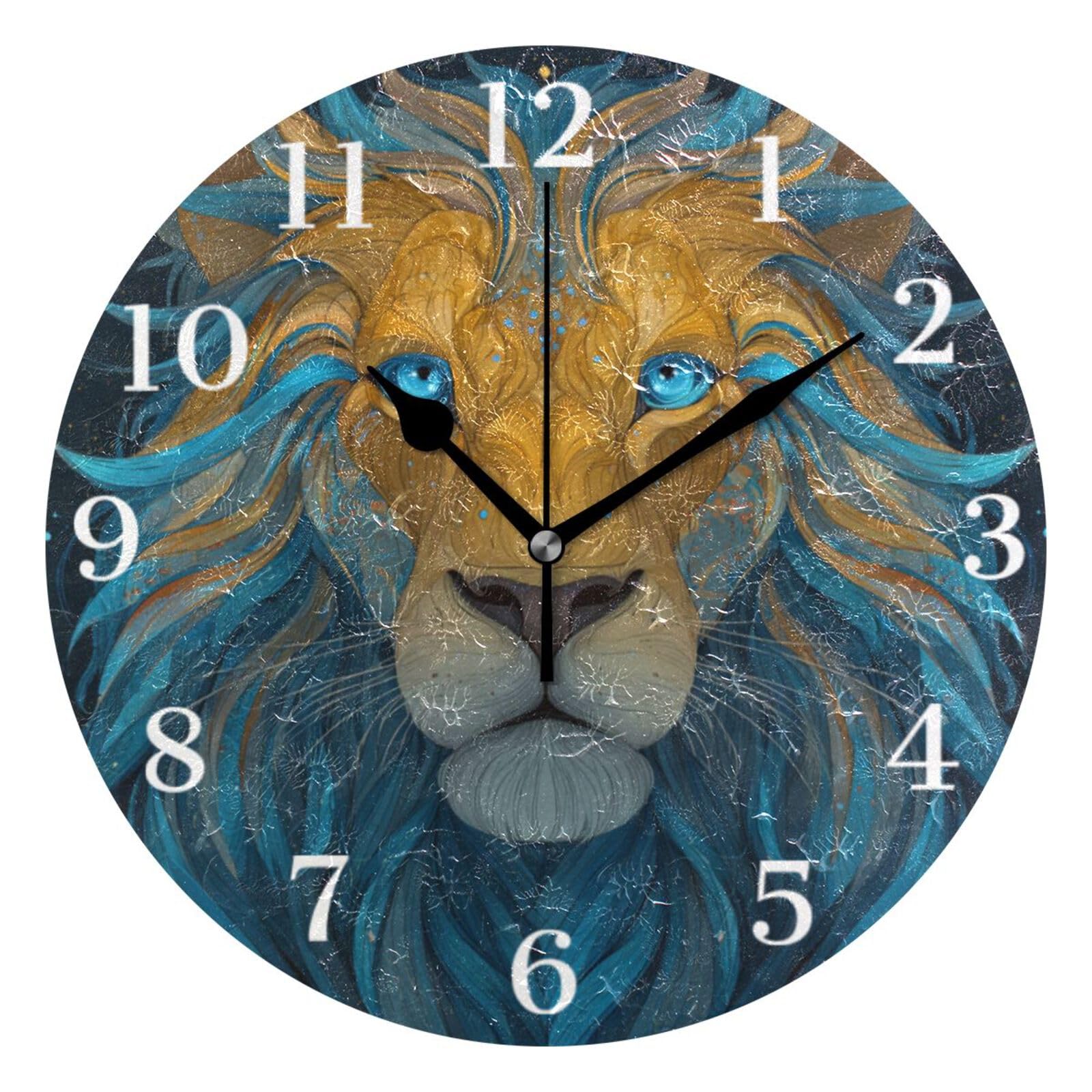 Ensound Blue Shining Lion Wall Clock Silent Non-Ticking Battery Operated Clocks 12 Inch for Kitchen Home Living Room