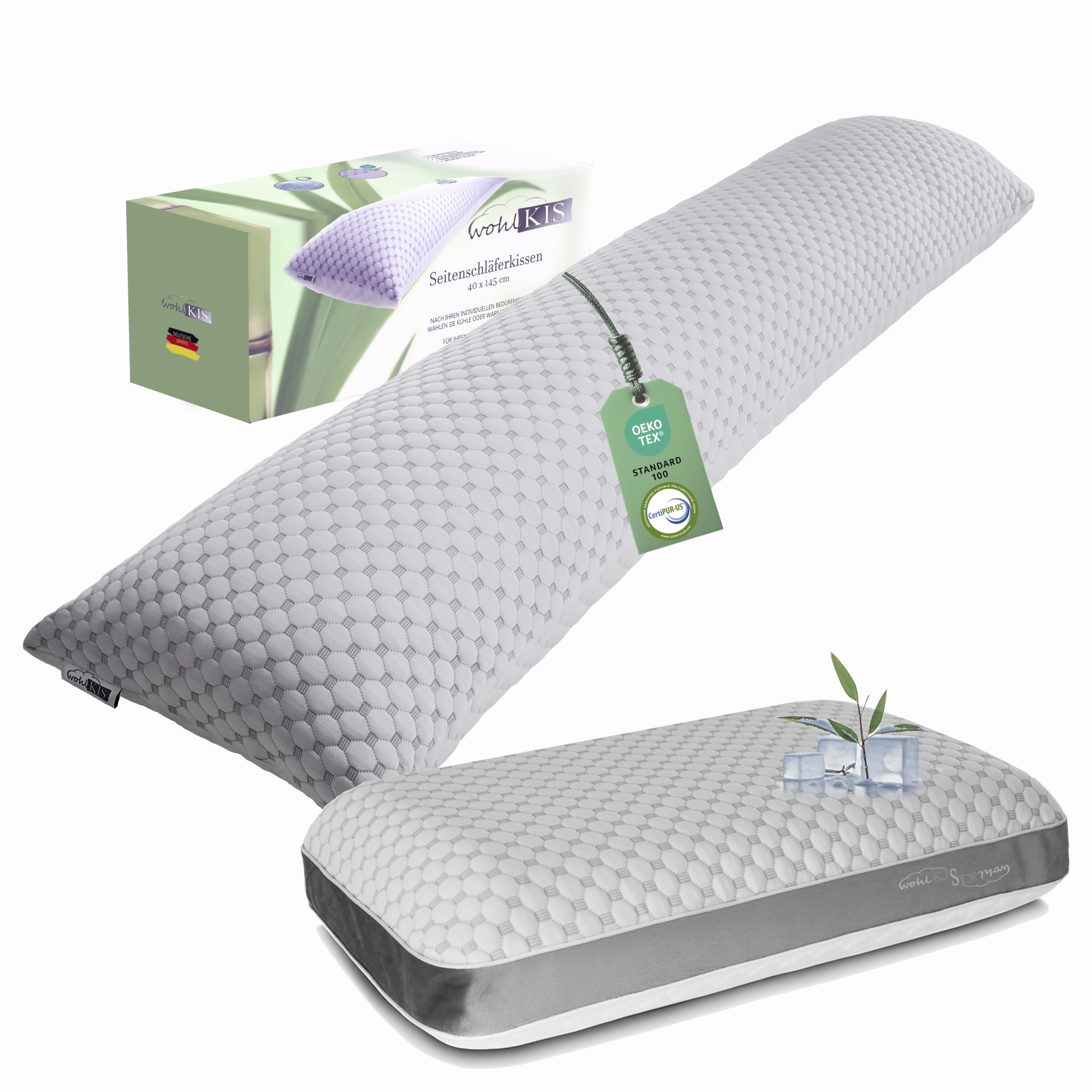 Bundle Set Seitenschläferkissen 40 x 145 cm & höhenverstellbares Memory Foam Nackenkissen – Ergonomisches Schlafkissen-Set für Seiten-, Rücken- & Bauchschläfer
