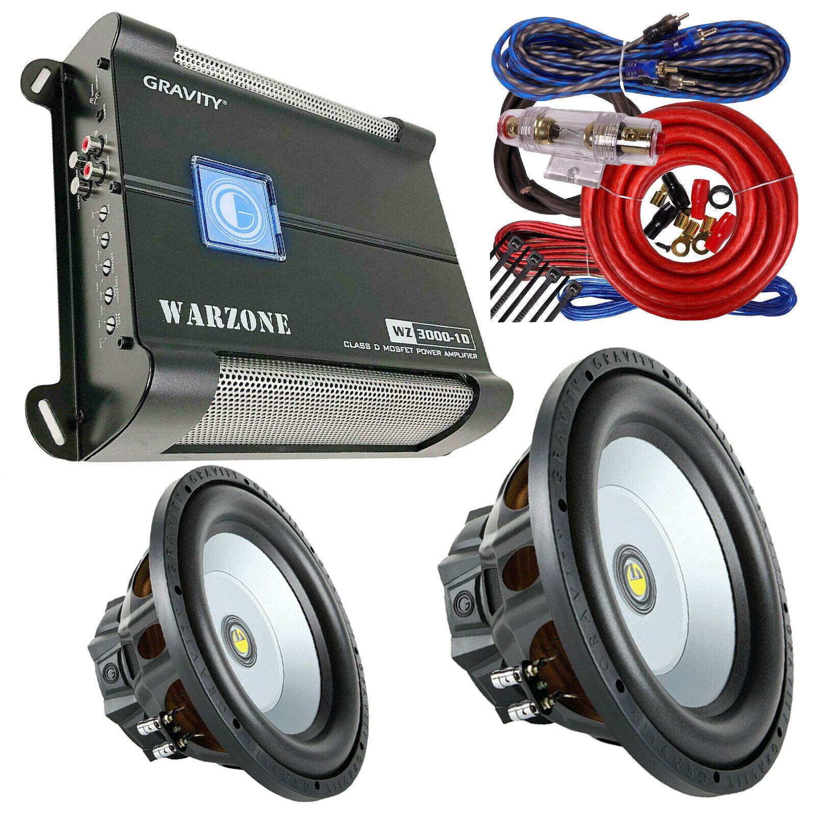 Gravity WZ3000.1D Warzone 3000W Class D Car Amplifier + Audiobank 4 Gauge 2300W Car Amplifier Installation Kit + 2X GR-12PW 12 Inch 2400 Watt Car Audio Subwoofer