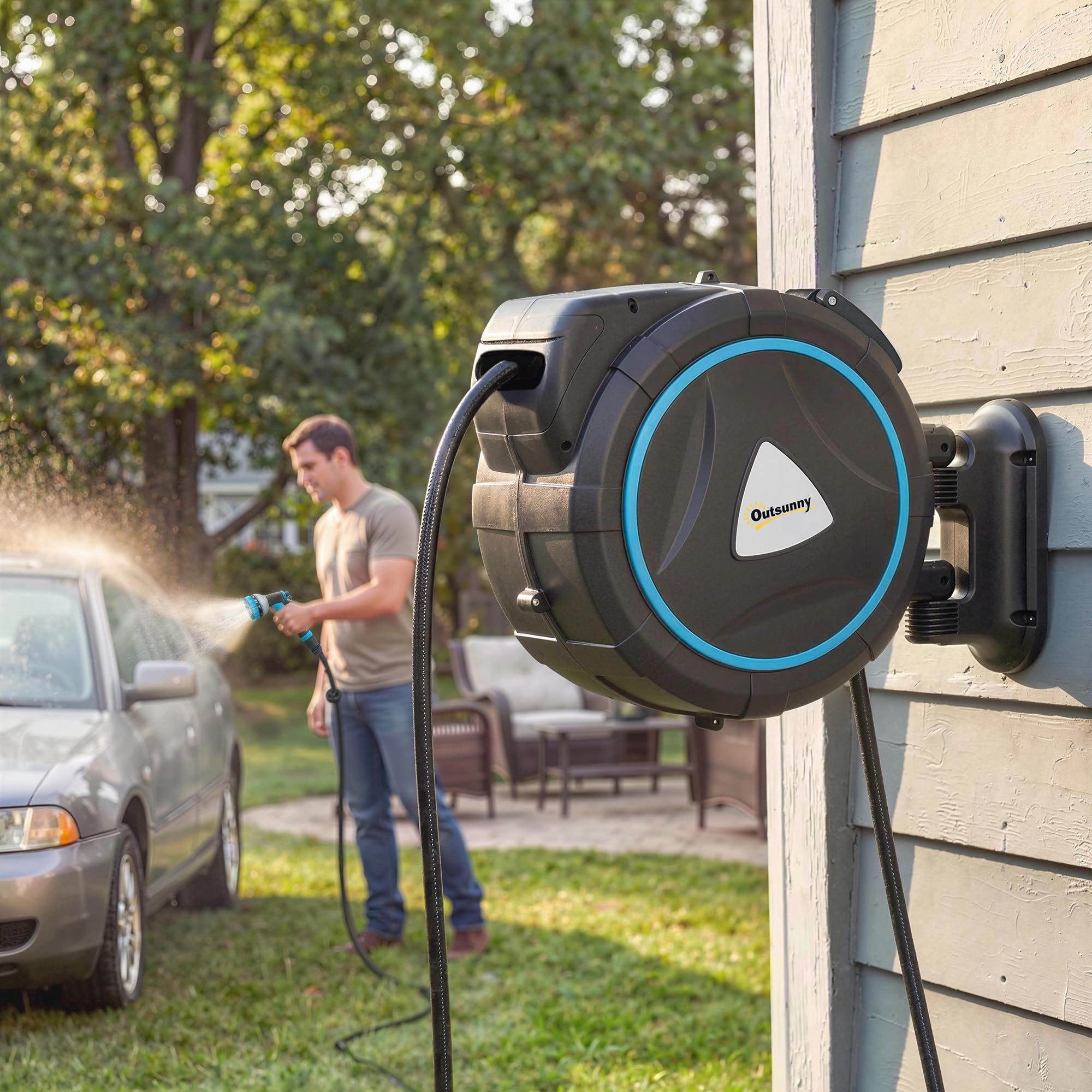 Outsunny Avvolgitore Tubo per irrigazione a parete automatico 23+2m 10+2 modalità blu | Pistola da irrigazione 10+2 modalità, soluzione di irrigazione retrattile e flessibile, giardino, pulizia auto