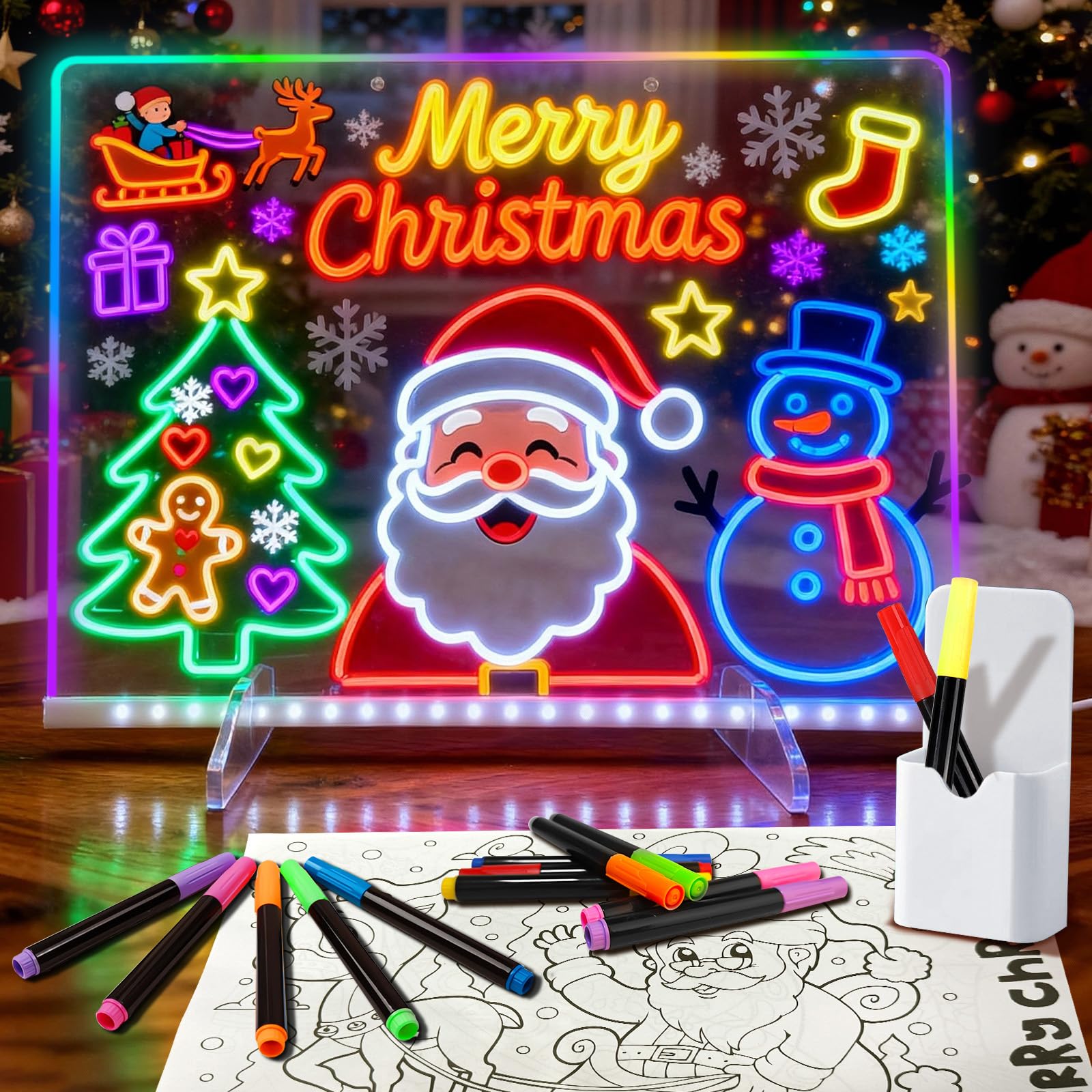 LED Notiztafel mit Farben, Leuchtendes LED Zeichenbrett für Kinder 13 Farben 35x25 cm, Adapter, Acryl Notiztafel mit Aufhängekette, Ständer, kreatives Geschenk