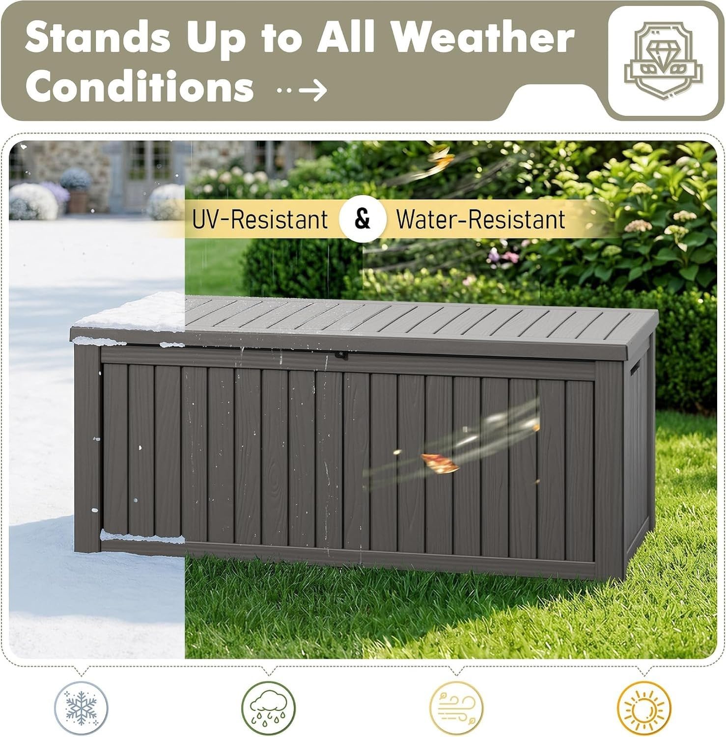Baulera Exterior Impermeable 130L para Almacenaje Terraza, Rayado Gris