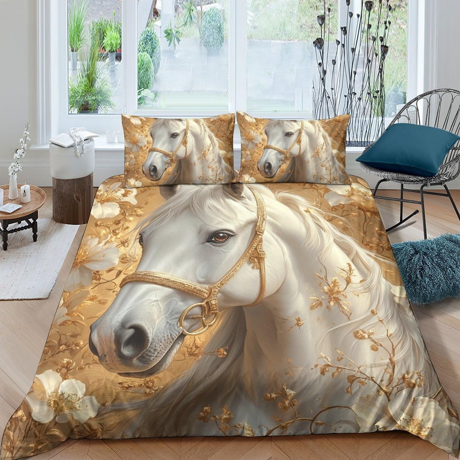 P5V6M1Q9 3D Printed Golden Horse Duvet Cover Microfiber Soft Breathable Autumn Forest Bedding Set with 2 Pillowcases for Bedroom Decor Single（135x200cm）