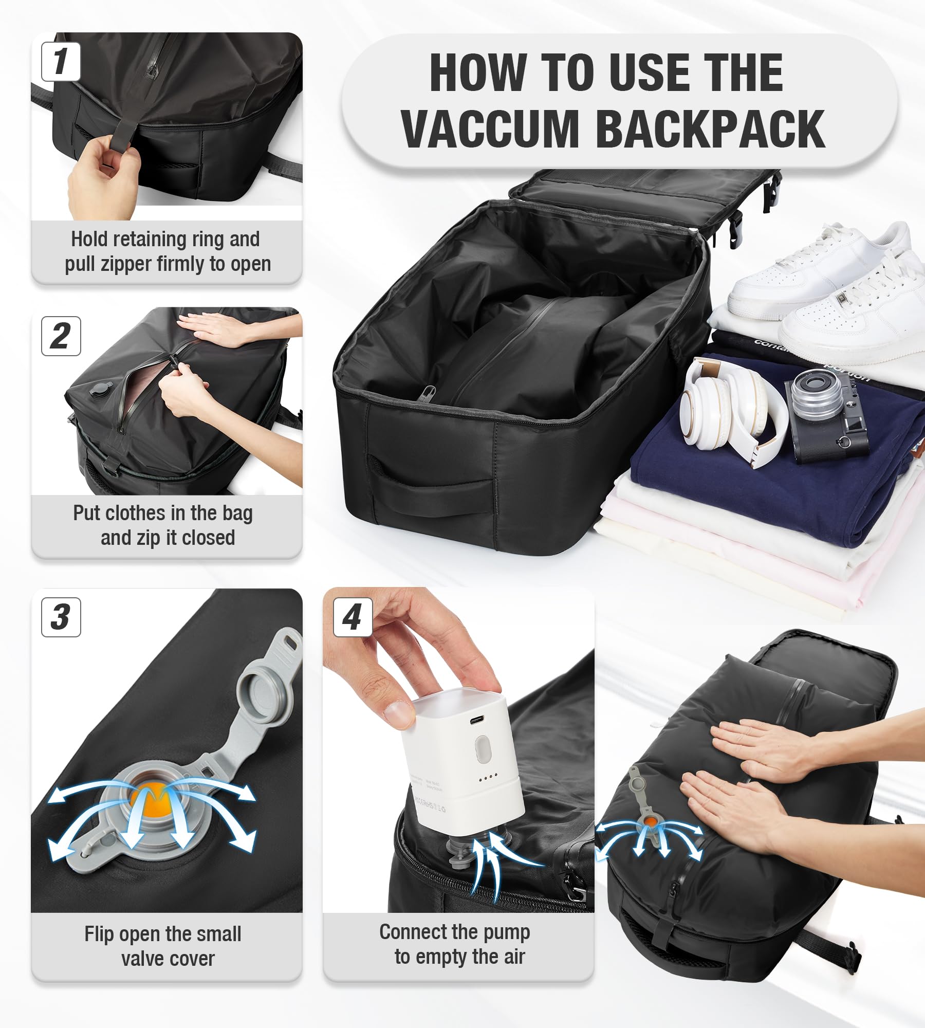 Zaino da Viaggio Grande Zaino Sottovuoto Con Pompa Donna da Escursionismo Sportivo da Esterno impermeabile Zaino Casual Laptop da 15.6 Pollici Borsa da Viaggio Uomo Nero