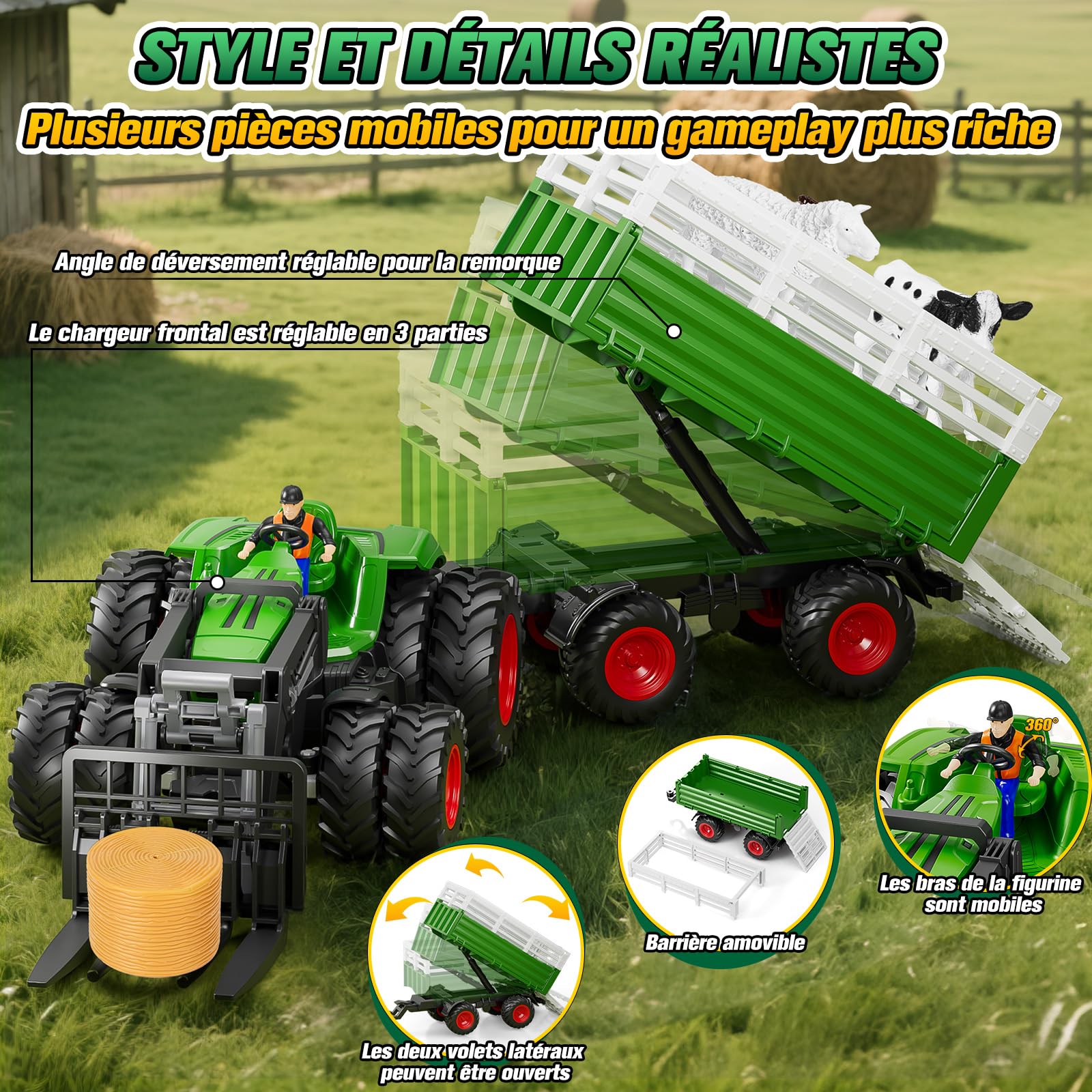 Tracteur Jouet Enfant RC Télécommandé avec Lumière Remorque Levage Vache Mouton Balle de Foin Cadeau Agricole