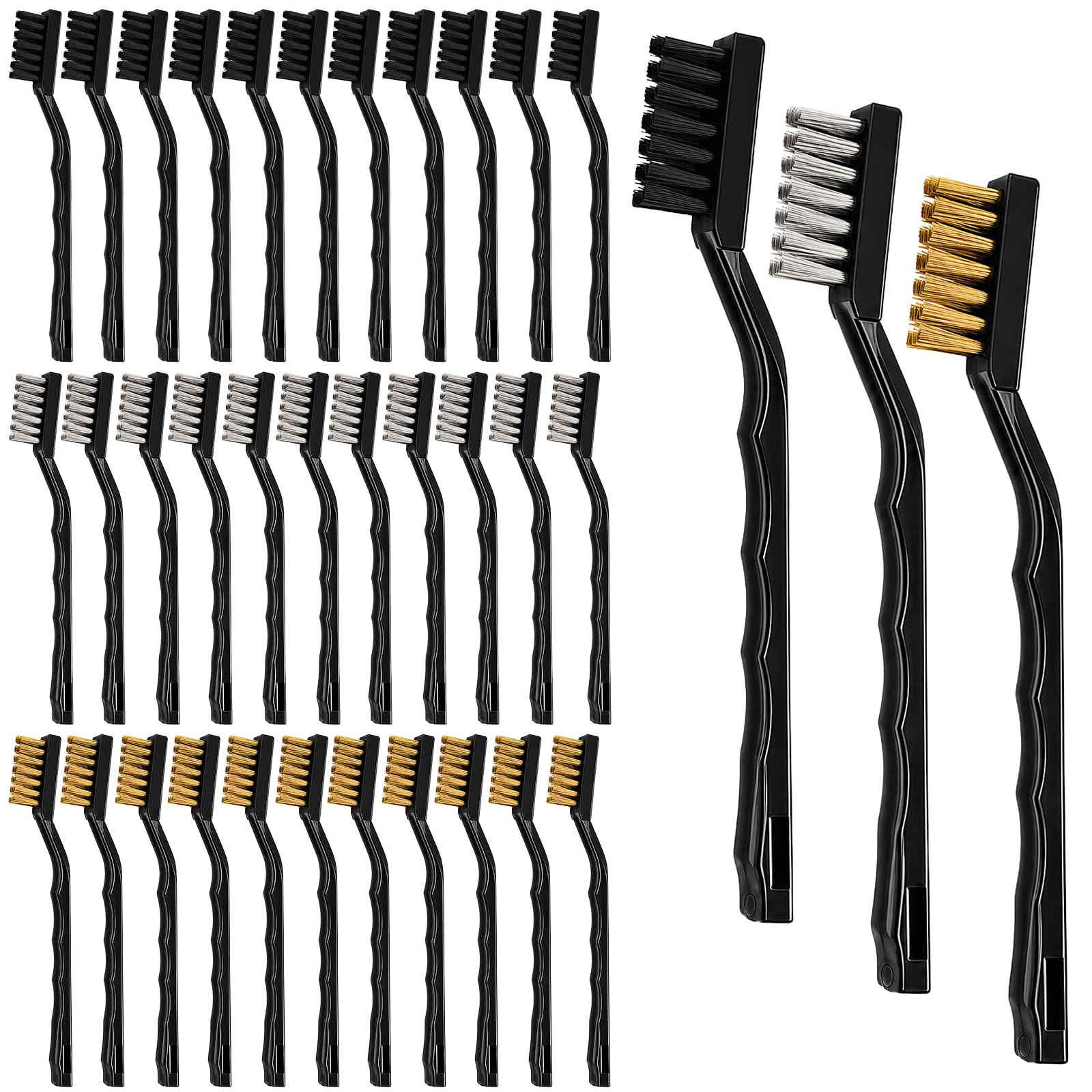 Akamino 36 Pcs Small Wire Brush Set,7 Inch Stainless Steel + Brass + Nylon Wire Brush with Plastic Curved Handles, Scratch Bristles Cleaning Tools for Welding Slag, Stove, Sink, Stain, Rust