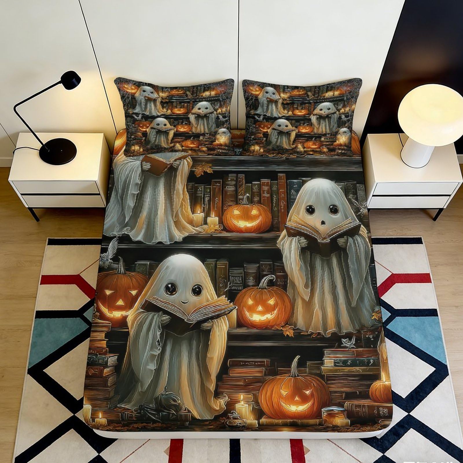 3D Printed Halloween Ghost Fitted Sheet Microfiber Soft Breathable Pumpkin Bed Cover for Bedroom Dormitory Guest Room Mattress Protection Decor 200x200x25cm