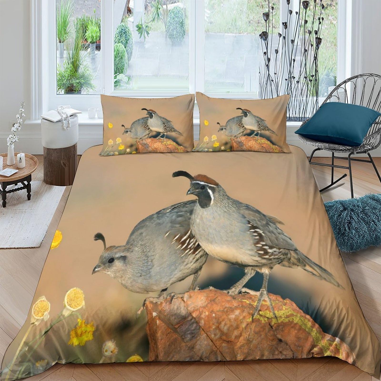 GPLZQXKJNH 3D Printed Quail Bird Nature Duvet Cover Set Microfiber Soft Breathable Rock Meadow Quilt Cover with 2 Pillowcases for Bedroom Decor Single（135x200cm）