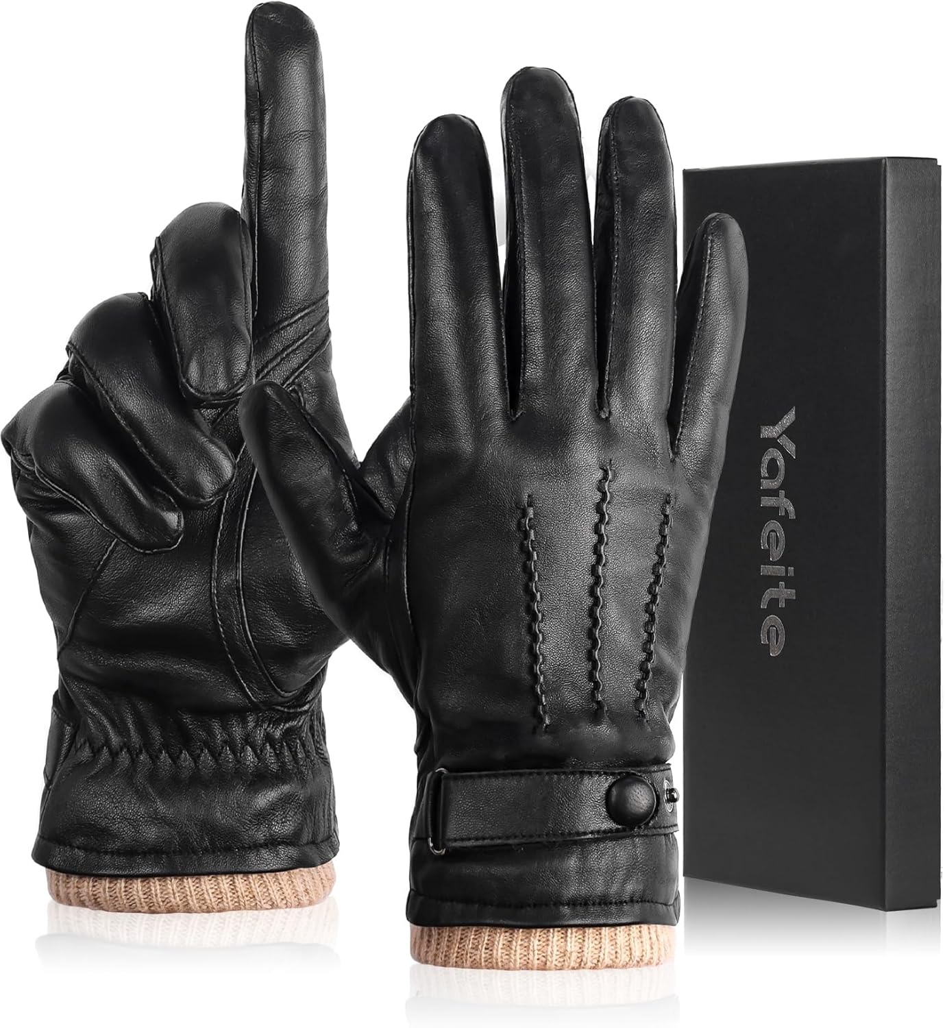 Winter Genuine Sheepskin Leather Gloves for Men, Warm Cashmere Lined Black Leather Touchscreen Motorcycle Gloves