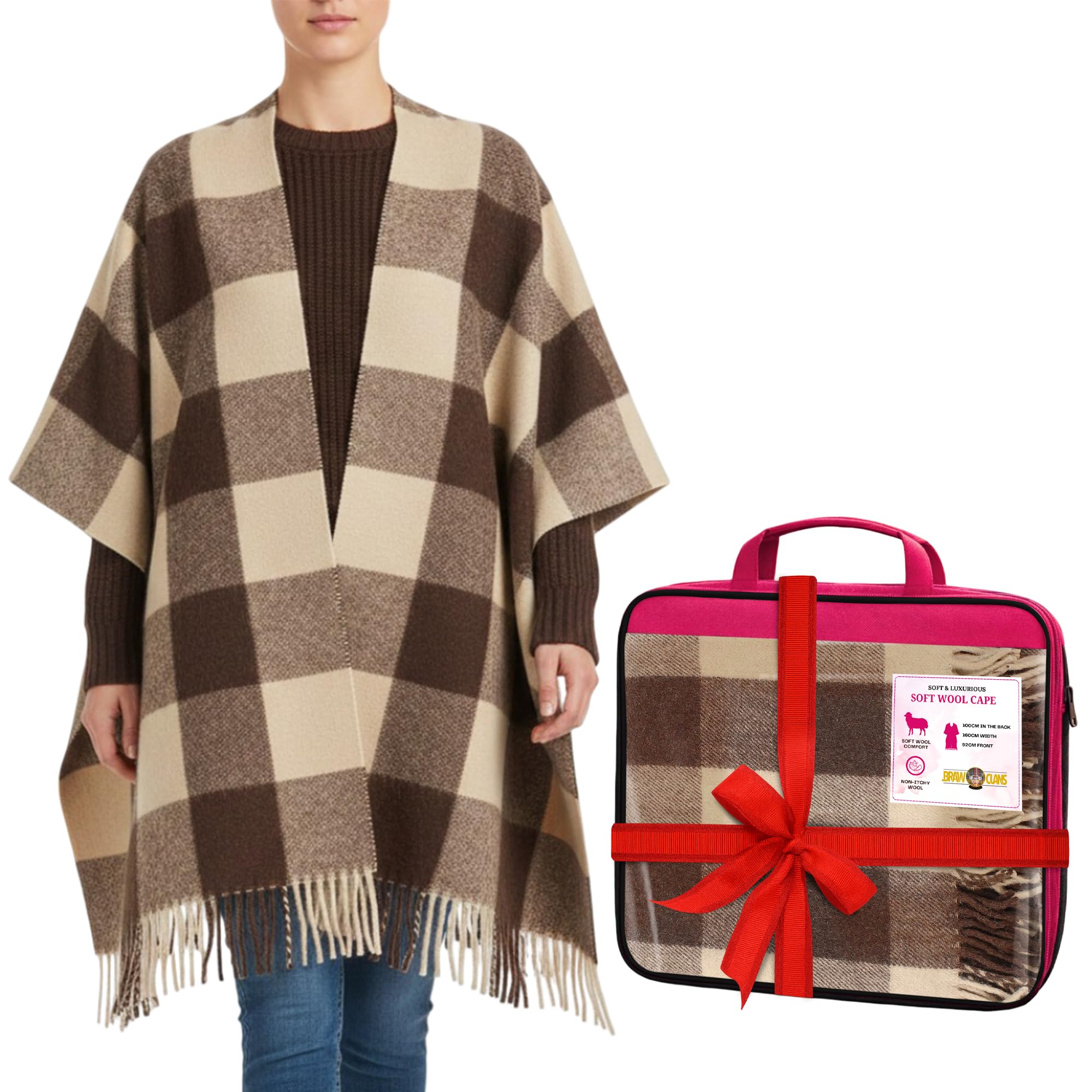 BRAW CLANS TARTANS Soft wool Tartan Poncho Blanket cape made in Scotland - Ruana cloak style - full body shawl - Mothers day Gift - Home, Travel, Camping - Jacob Tartan