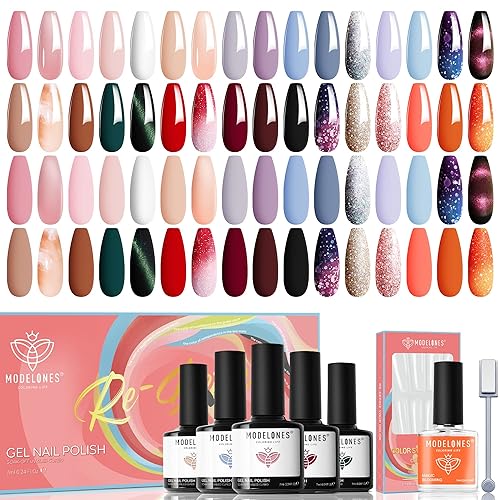 Modelones - Kit de 38 esmaltes de uñas en gel, juego de esmalte en gel de color naranja para el otoña y días festivos, kit de esmalte semipermanente