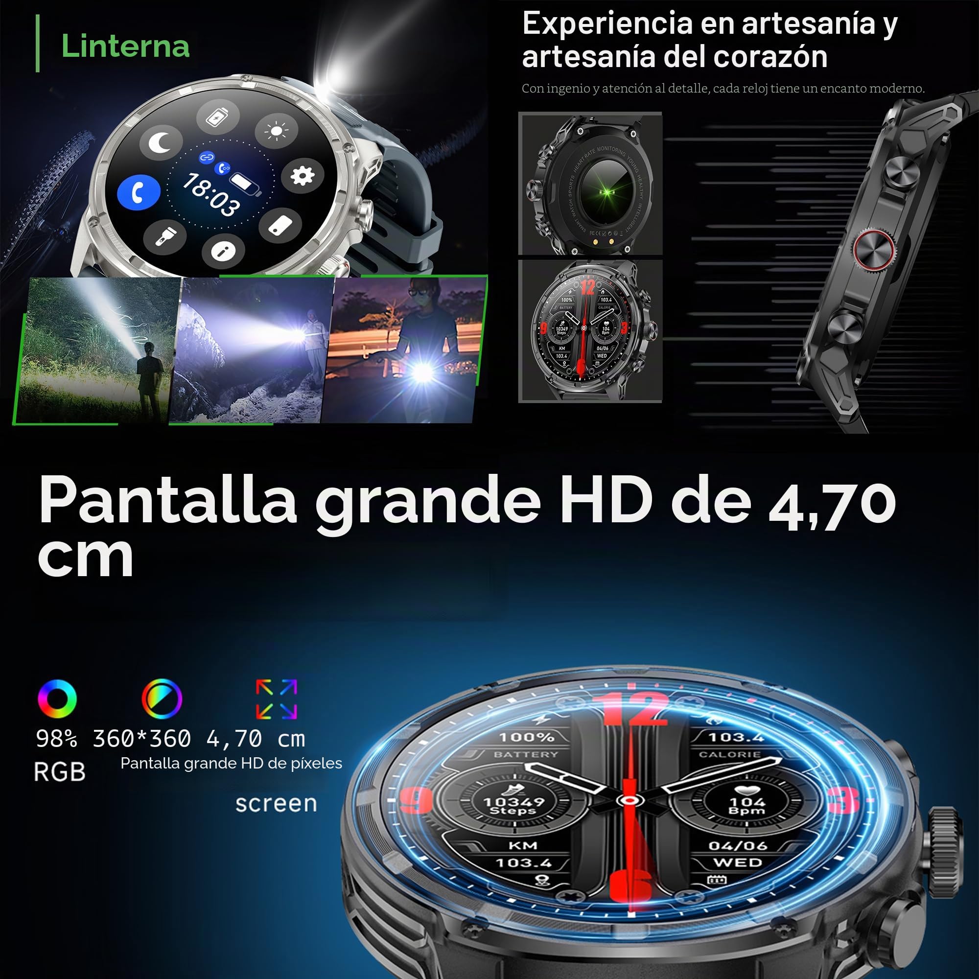 Reloj inteligente para hombre, teléfono, linterna de 1,85 pulgadas, AMOLED 5 ATM, rastreador de actividad, 123 modos deportivos, presión arterial, sueño, podómetro