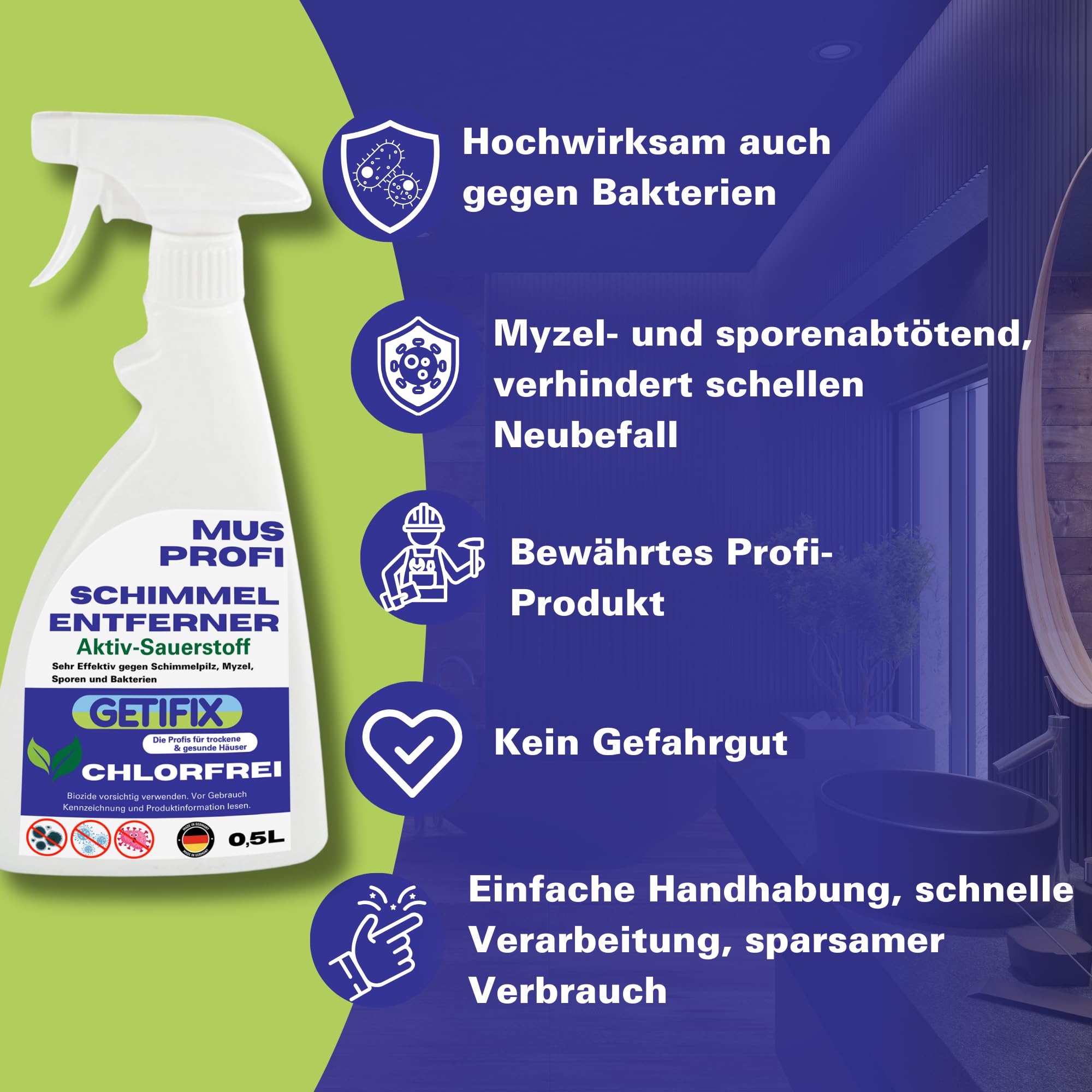 Schimmelentferner MuS PROFI, chlorfrei und auf Basis von Aktivsauerstoff, effektiv für Wand, Tapete, Bad, Fugen, Decke, Beton, Fassaden uvm. (2,5 L Kanister)