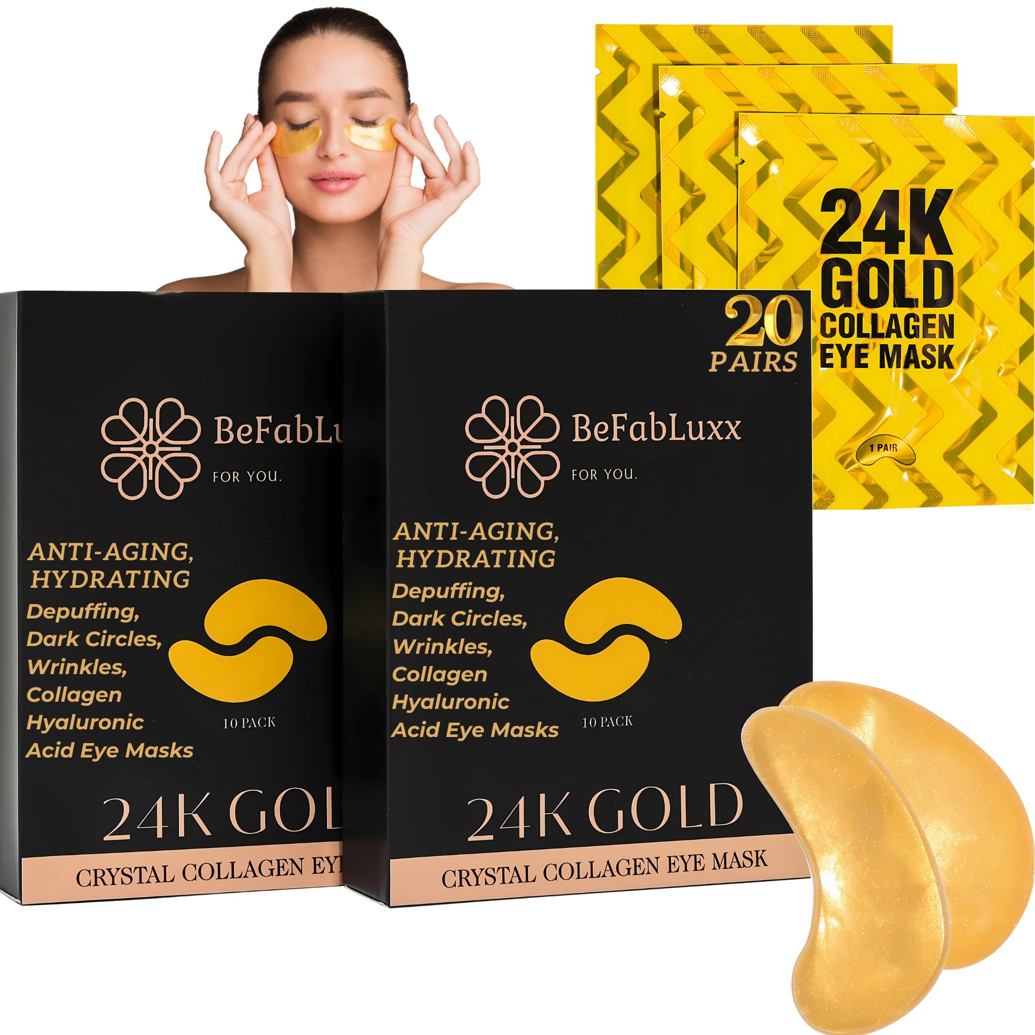BeFabLuxx 24K Gold Under Eye Patches (20 Pairs) Anti-Aging, Hydrating, Depuffing, Dark Circles, Wrinkles, Collagen & Hyaluronic Acid Eye Masks,Eye Gels Pads, Undereye Bags, Gift, Natural Cruelty-Free