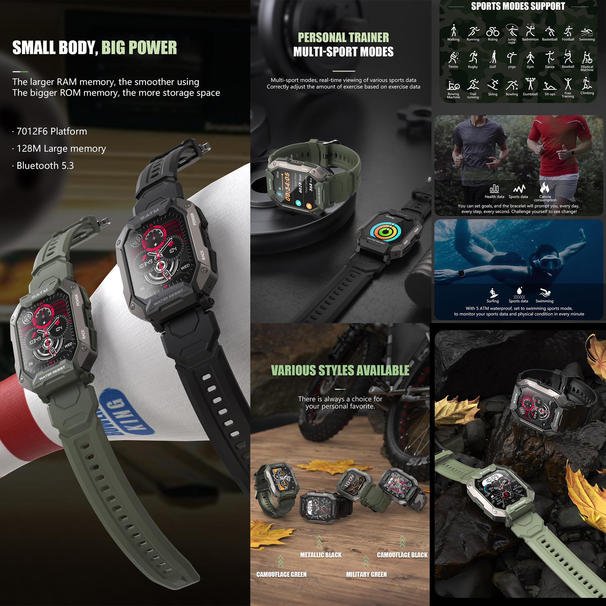 Reloj inteligente para hombre con función de teléfono, 1,81 pulgadas AMOLED 5 ATM Smart Watch Fitness Tracker 123 modos deportivos Rastreador de actividad con presión arterial Monitor de sueño Reloj
