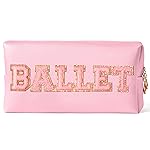 Y1tvei Ballet Cosmetic Bag for Girls - Preppy Patch BALLET Pink Chenille Letter Makeup Bag PU Leather Waterproof Portable Ballerina Makeup Pouch Dance Recital Travel Toiletry for Girl Dancer(Pink)