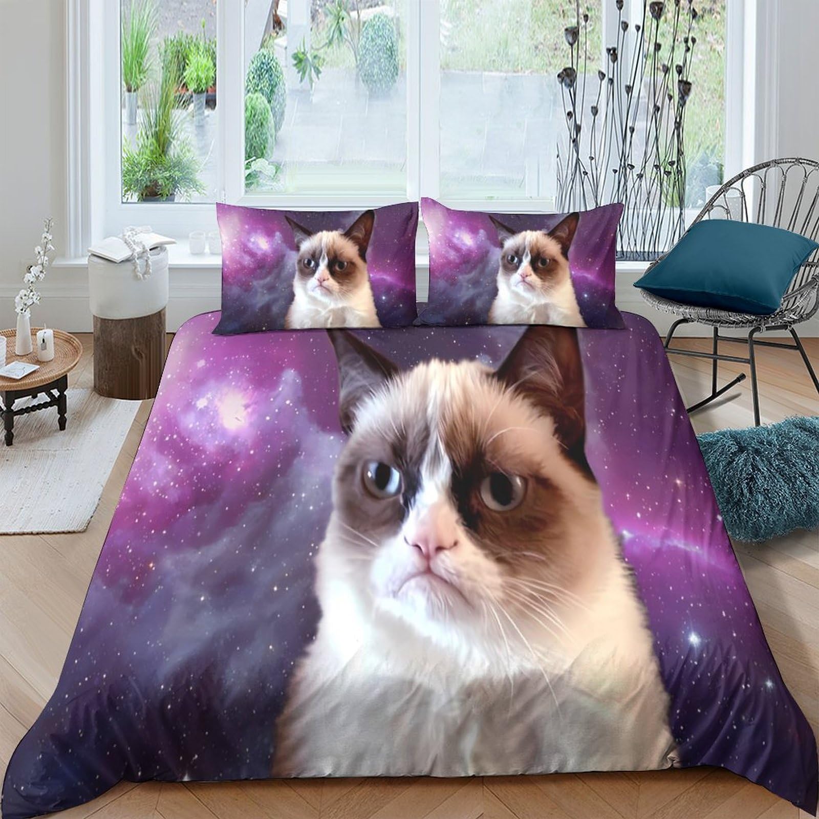 Ctjqhvkz Style-3 3D Printed Grumpy Cat Galaxy Fitted Sheet Microfiber Soft Bedroom Decor Cosmic Nebula Mattress Cover Washable Single（135X200cm）