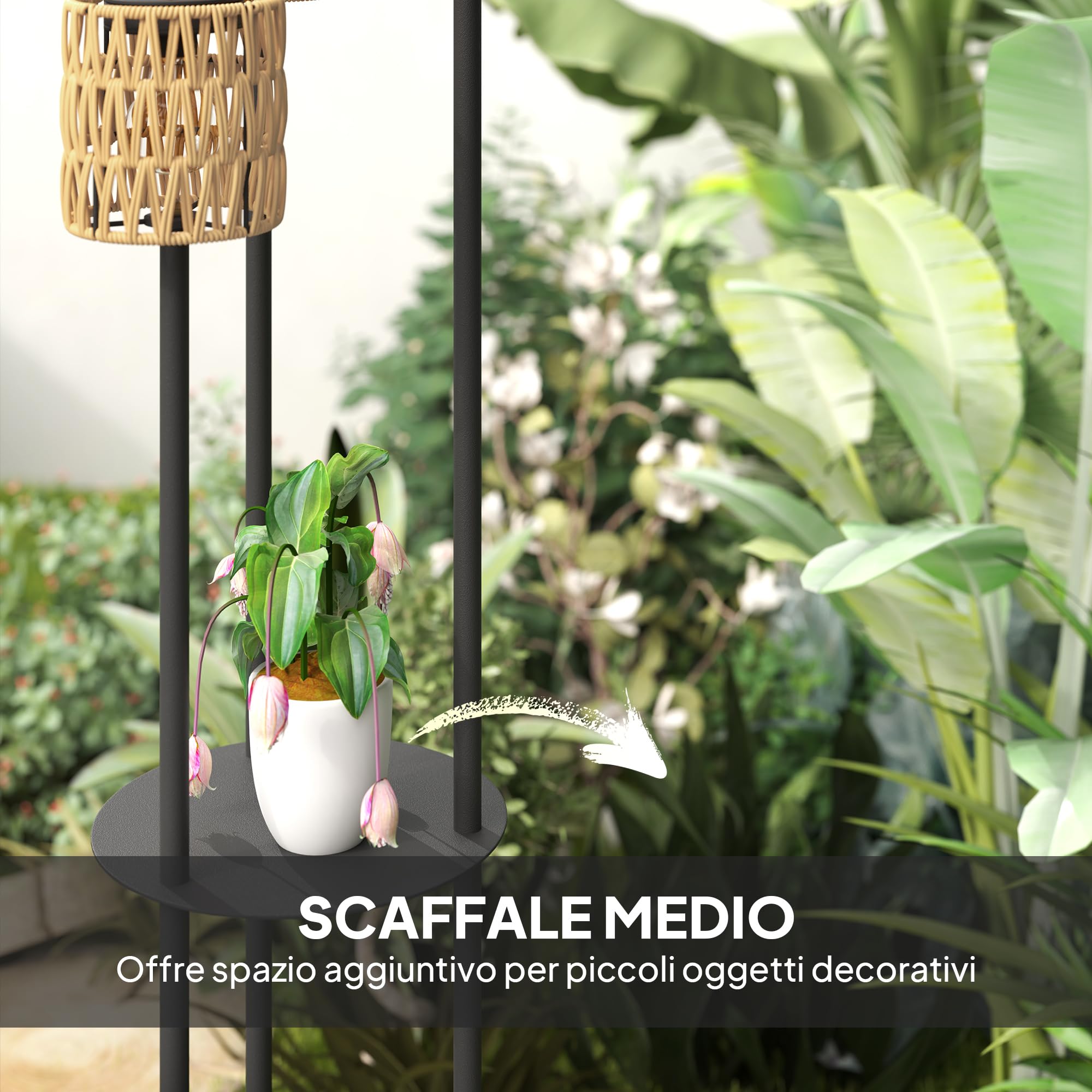 Outsunny Lampada da Terra Solare a 3 Luci Stile Boho con Base Rotonda e Ripiano Centrale, Lampada da Esterno Salotto in Rattan PE e Acciaio, IP44, per Camera da Letto Soggiorno, Nero e Giallo