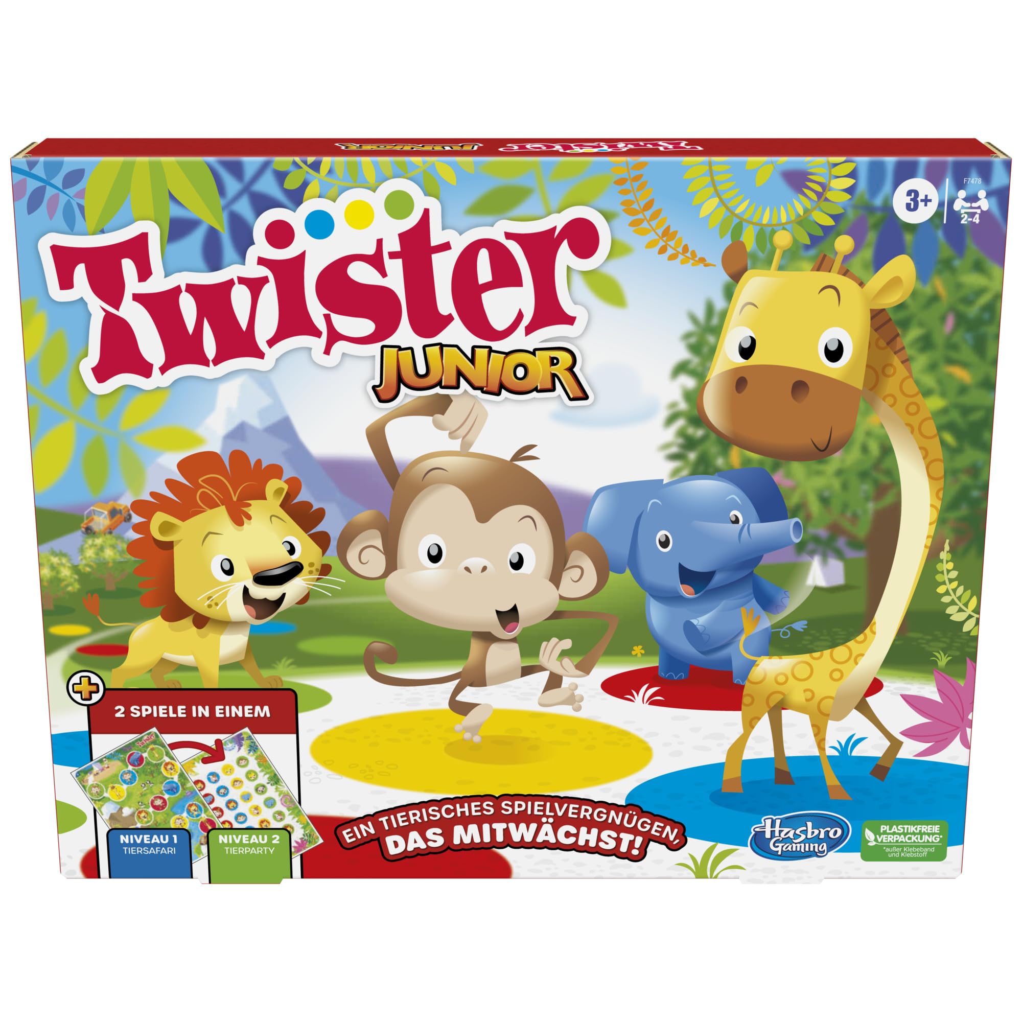 Hasbro Twister Junior Spiel, 2-in-1 Familienspiel mit doppelseitiger Spielmatte, fördert die Beweglichkeit und sorgt für Spaß, für Kinder ab 3 Jahren geeignet