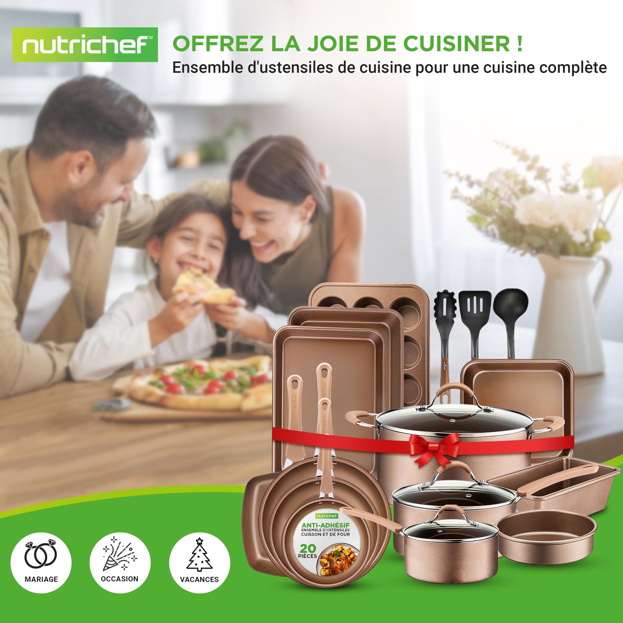 Nutrichef Ensemble de Batterie de Cuisine et de Pâtisserie, Ustensiles de Cuisine et Poêles Antiadhésifs, Adapté pour les Cuisinières à Gaz, Électriques, Induction, Poignées Cool-Touch, 20 Pièces