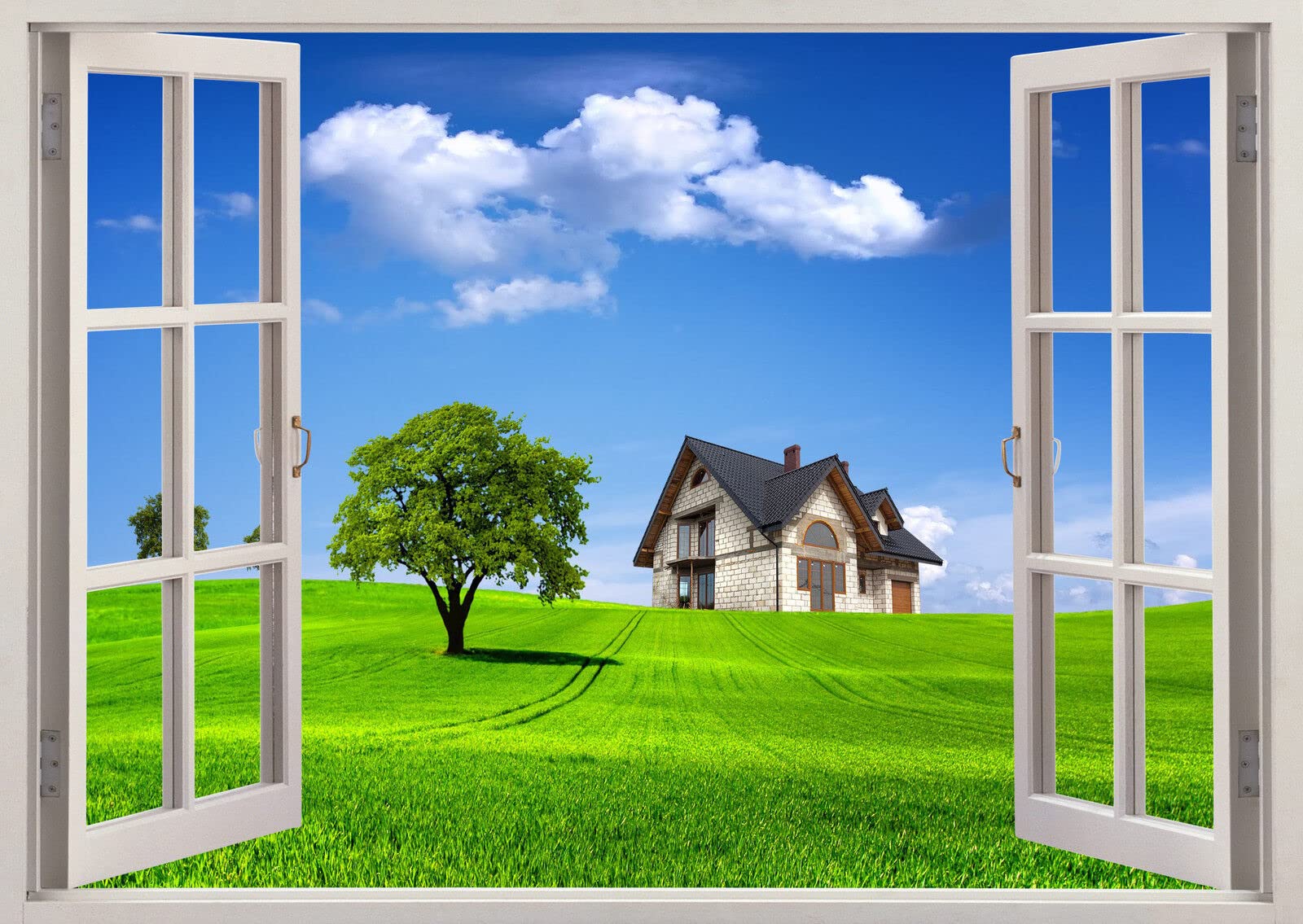 Décalque D'Art Mural Beauté Nature Ciel Arbres Vert Maison Scène 3D Fenêtre Autocollant Affiche Murale Viny 363 80x120cm